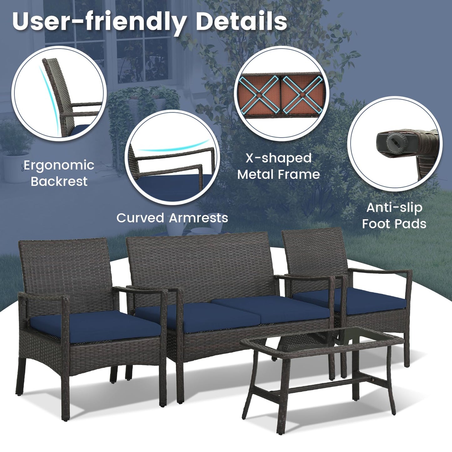 HAPPYGRILL 4-Piece Rattan Patio Conversation Set with Tempered Glass Coffee Table, Comfortable Wicker Loveseat & Chairs for Poolside, Courtyard, Balcony