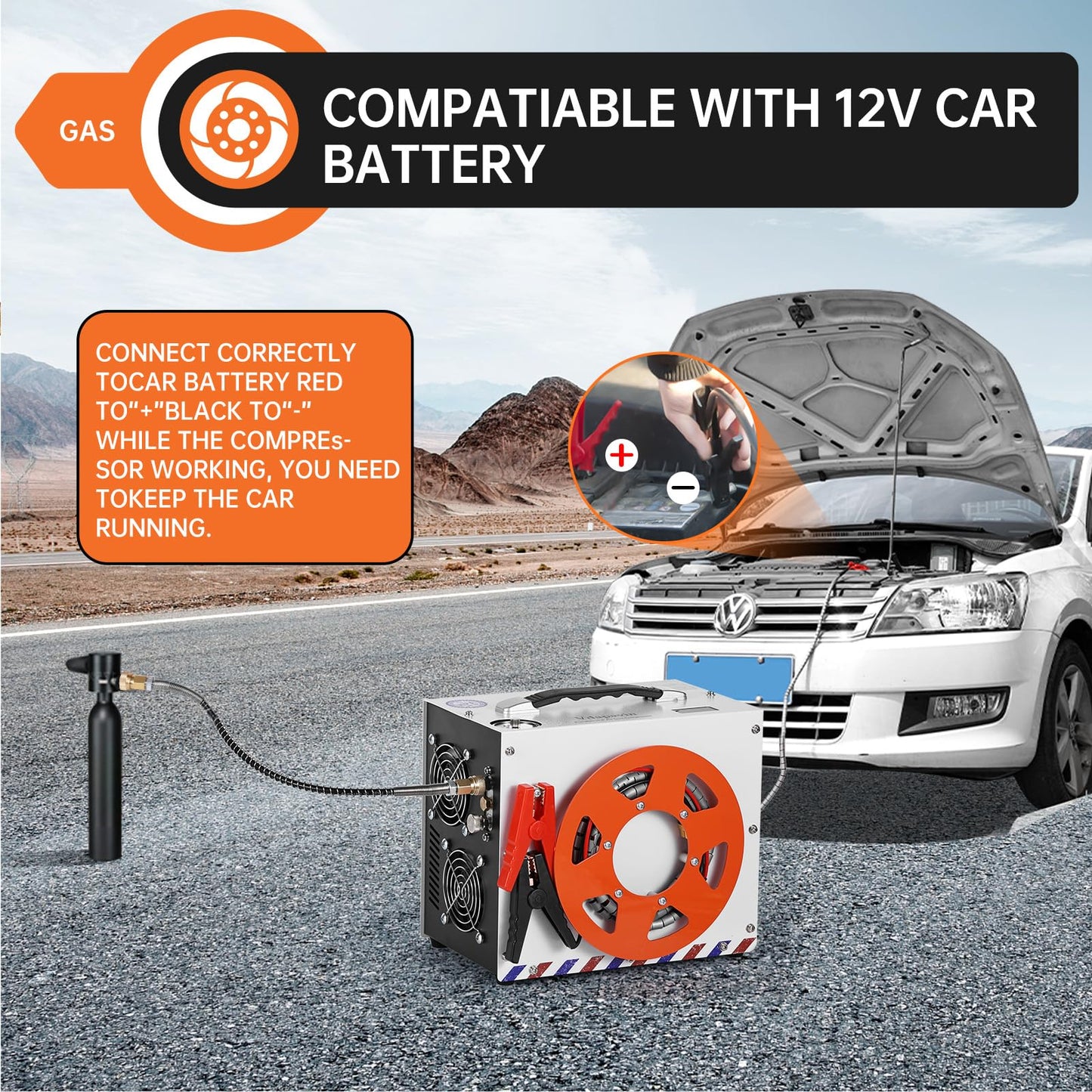 PCP Air Compressor, Portable 4500 PSI/300 Bar Air Pump, supports 12V DC or 120V/220V AC, Auto-stop, oil-free/water-free design, for Paintball, Air Rifle, HPA Tanks