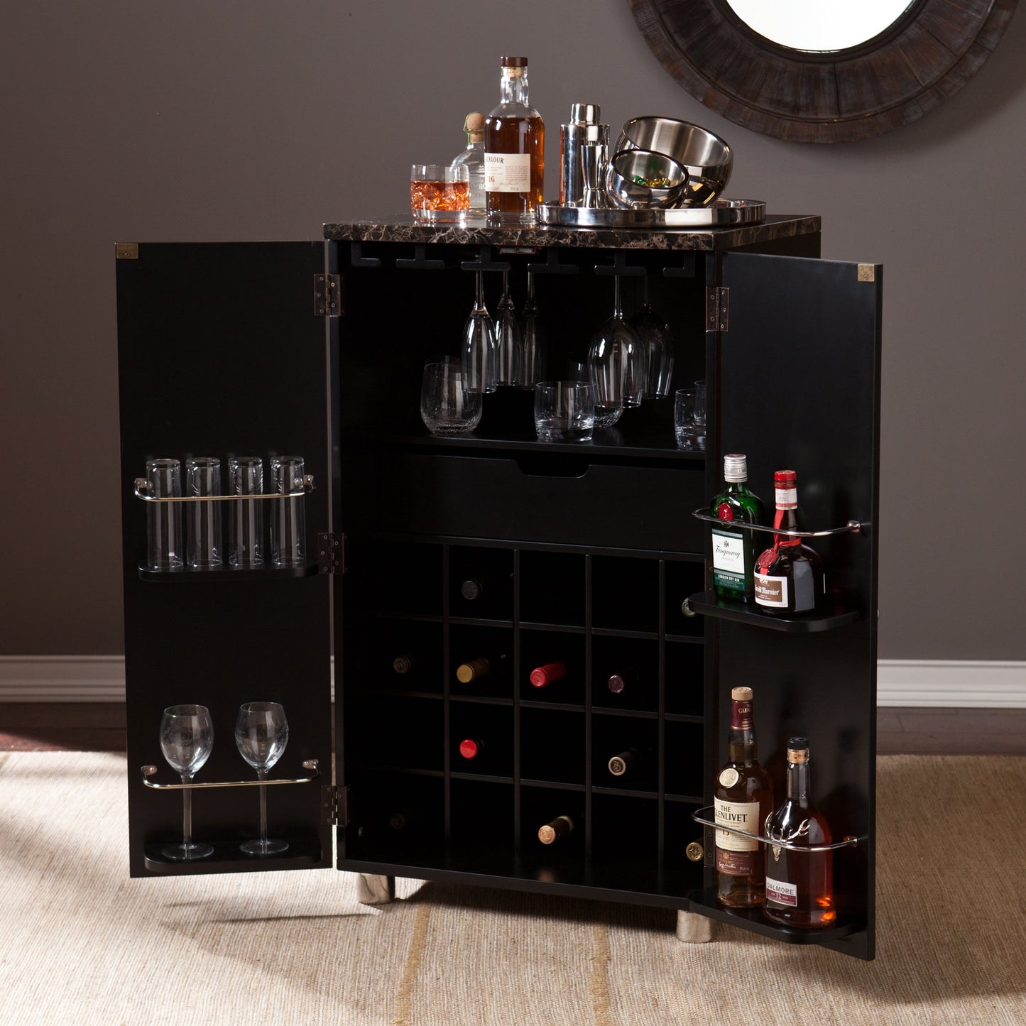 SEI Furniture Cape Town Bar Cabinet w/Wine Storage, Faux Marble Countertop with Black Finish