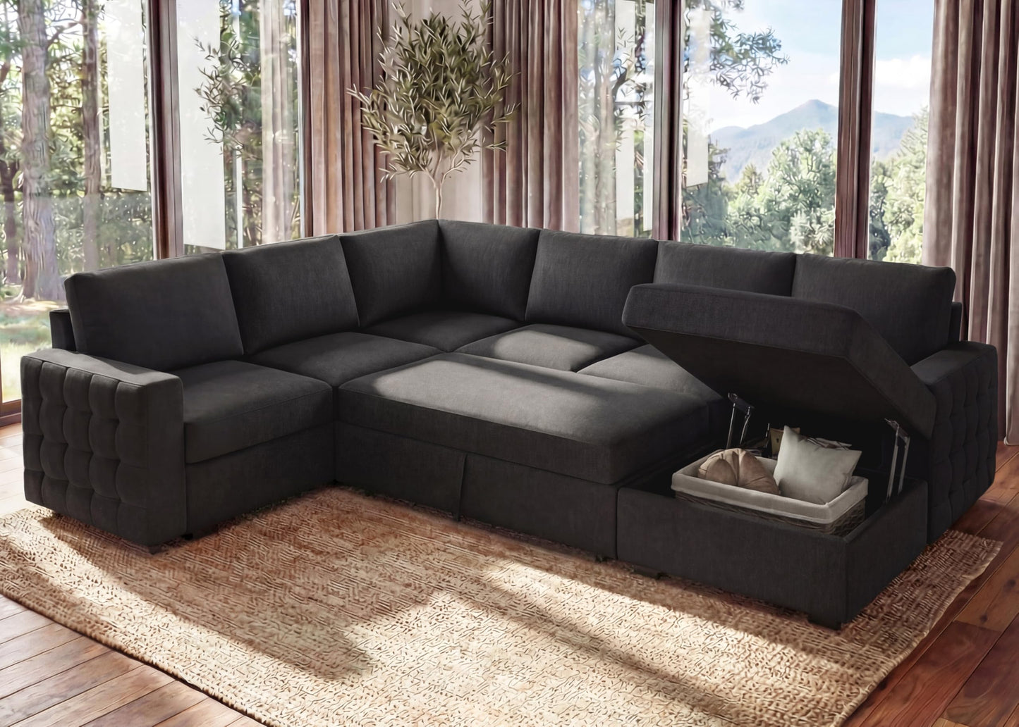 Leathaire 111 Inch Sectional Sleeper Sofa with Pull Out Bed, U Shaped 6 Seat Modular Sectional Couch with Storage for Living Room, Dark Grey