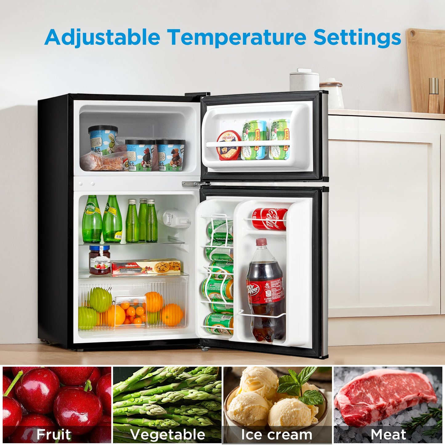 Midea WHD-113FSS1 Double Door Mini Fridge with Freezer for Bedroom Office or Dorm with Adjustable Remove Glass Shelves Compact Refrigerator, 3.1 cu ft, Stainless Steel