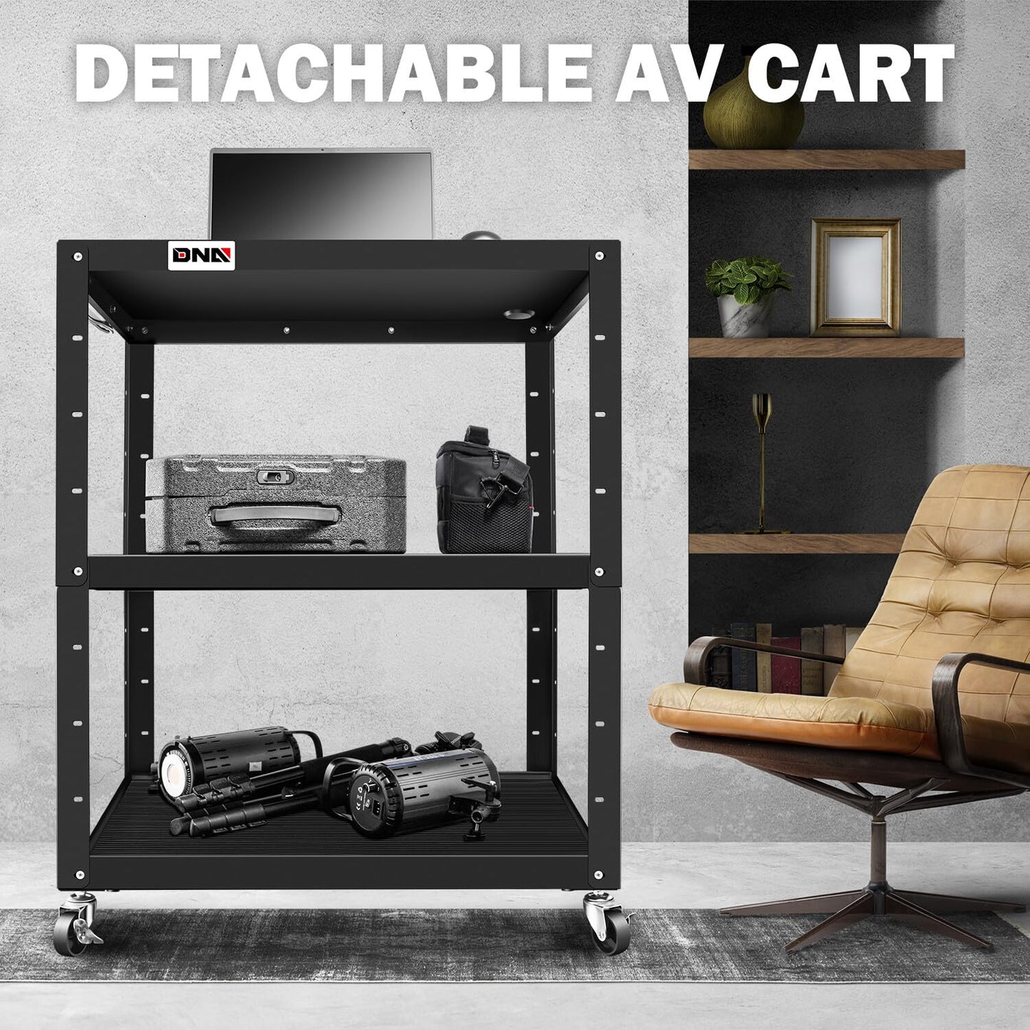 DNA Motoring 3-Layer Utility Steel AV Cart with Wheels Power Strip, 35" x 25" x 24"-42" Height Adjustable Rolling Projector Cart,TOOLS-00137
