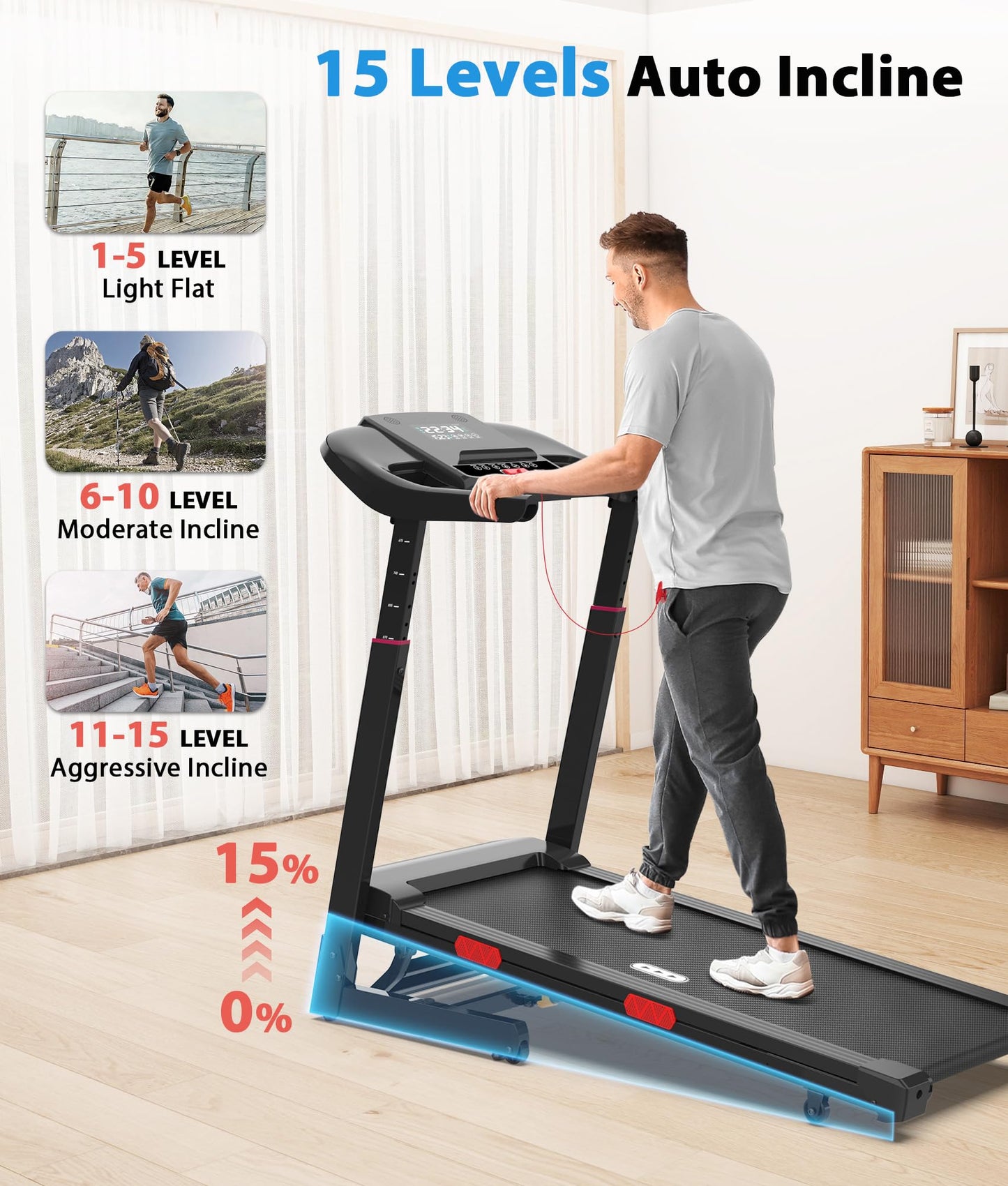 CIIHI Treadmill with Auto Incline - Adjustable Height Handrail 15% Auto Incline Treadmill with 400 lbs Capacity - Foldable Running Machine for Home with APP, Voice Control and Speaker - 8.7 MPH