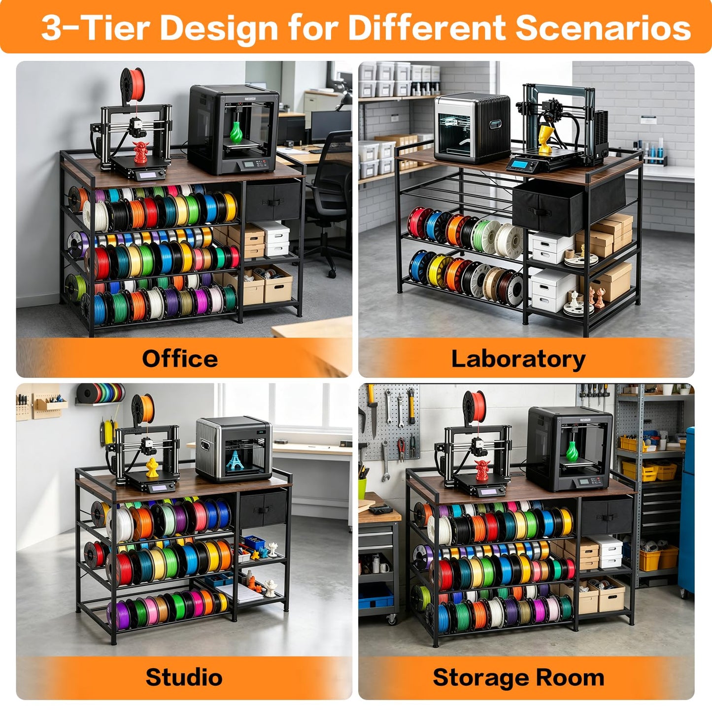 3D Printer Stand with Filament Storage Rack, Heavy Duty Metal Frame Workstation, 3-Tier 3D Printer Table with Tool Shelf for Stable Printing, Home Office Workshop Garage