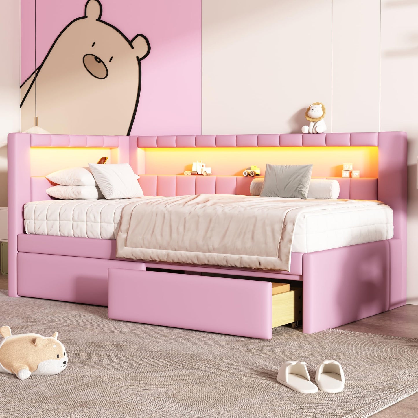 Merax Twin Size Modern Upholstered Platform Bed with USB Ports & Storage Drawers, Floor Sofa Daybed with Wood Slat Support, Storage Bed Frame with Headboard/Twin, Pink