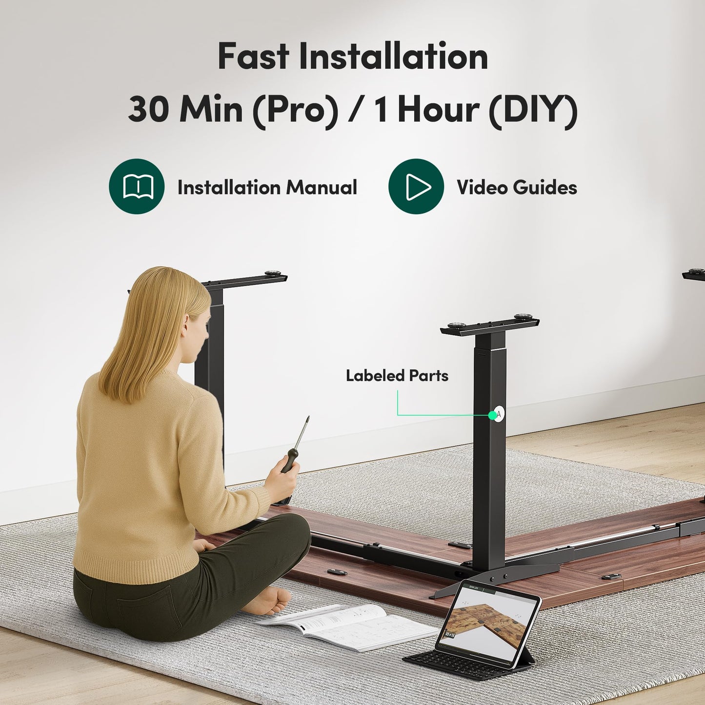 BANTI L-Shaped Standing Desk - 75 x 63 Inch Adjustable Corner Standing Desk with Charging Station - L Shape Sit Stand Table with Memory Controller, Splice Board for Home Office, Black Walnut