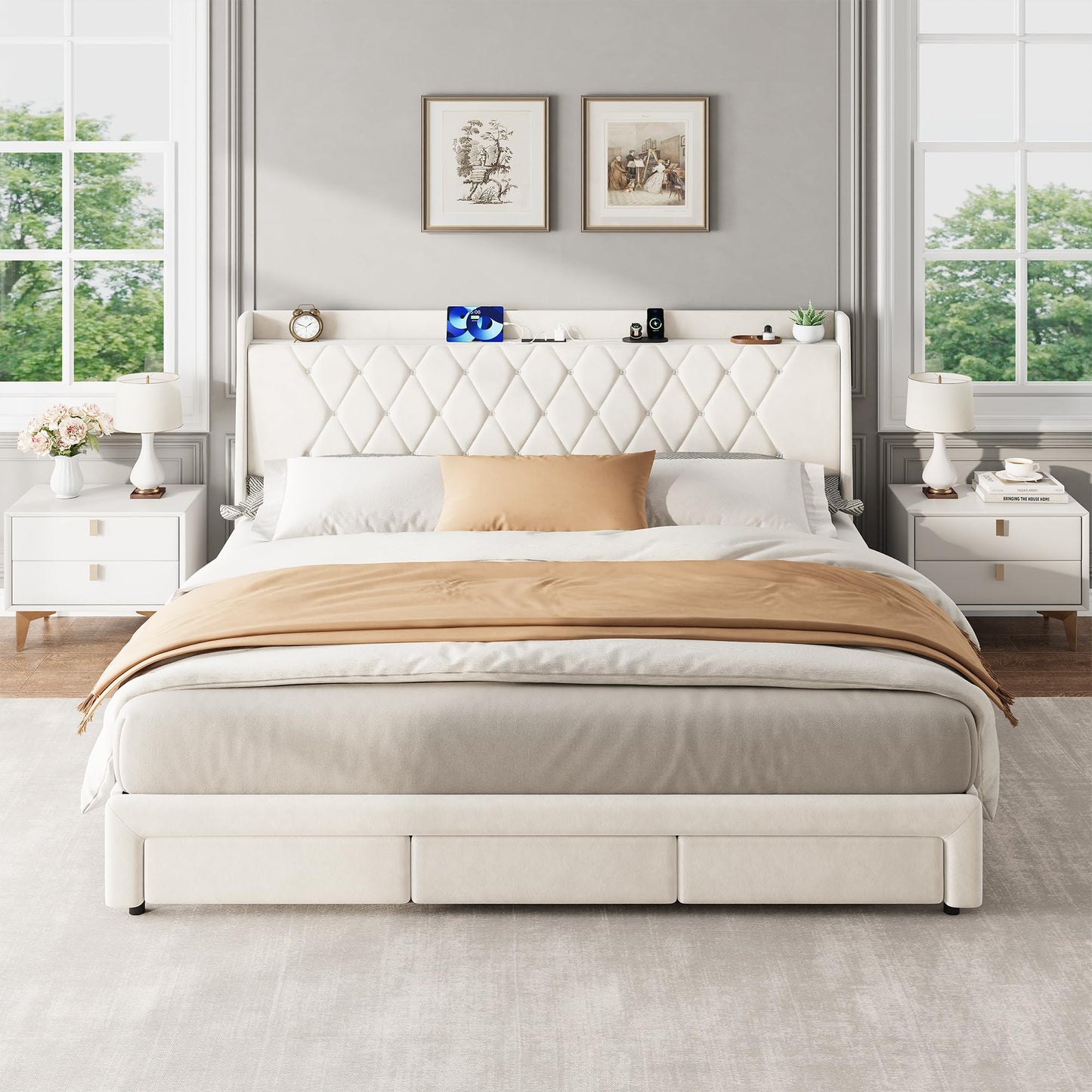 Garvee King Size Bed Frame with Storage, Velvet Upholstered Platform Bed Frame with Crystal Tufted Headboard, Charging Station, 3 Drawers, No Box Spring Needed, Noise-Free,for Bedroom, Ivory