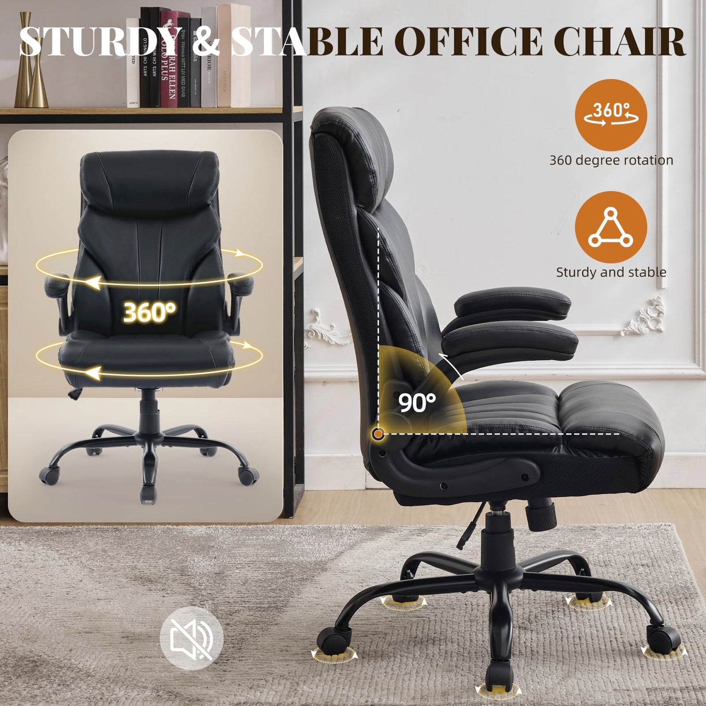 Big and Tall Office Chairs with Adjustable Flip-up Armrests,500LBS Wide Ergonomic Gaming Chair,100-118°Recline Executive Leather Computer Chairs with Adjustable Height,Black
