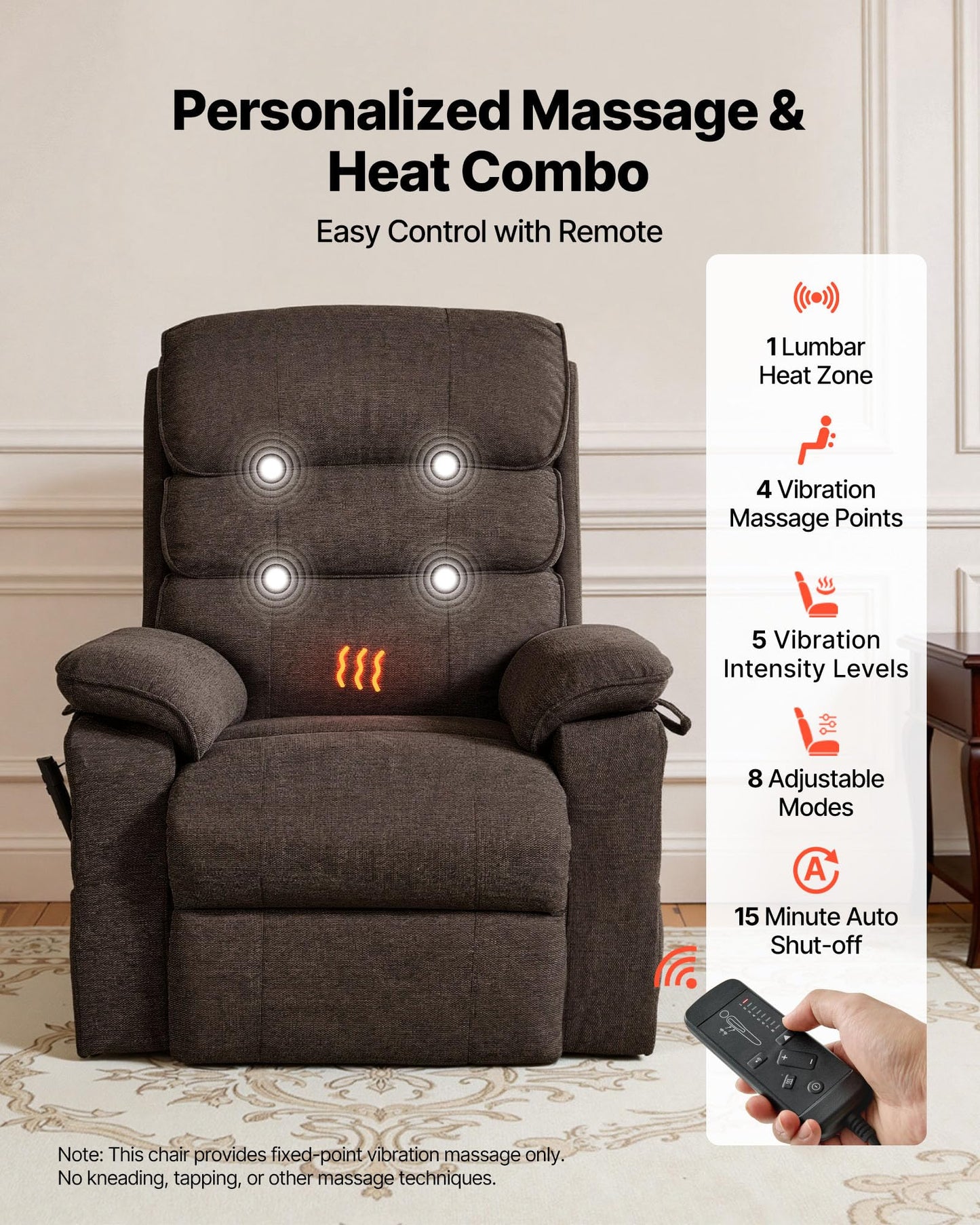 VEVOR Power Lift Recliner Chair, Dual Motor Lift Chair with Heat and Massage for Elderly, Position Adjustable, Remote Control, with Side Pockets, Chenille Fabric, Brown