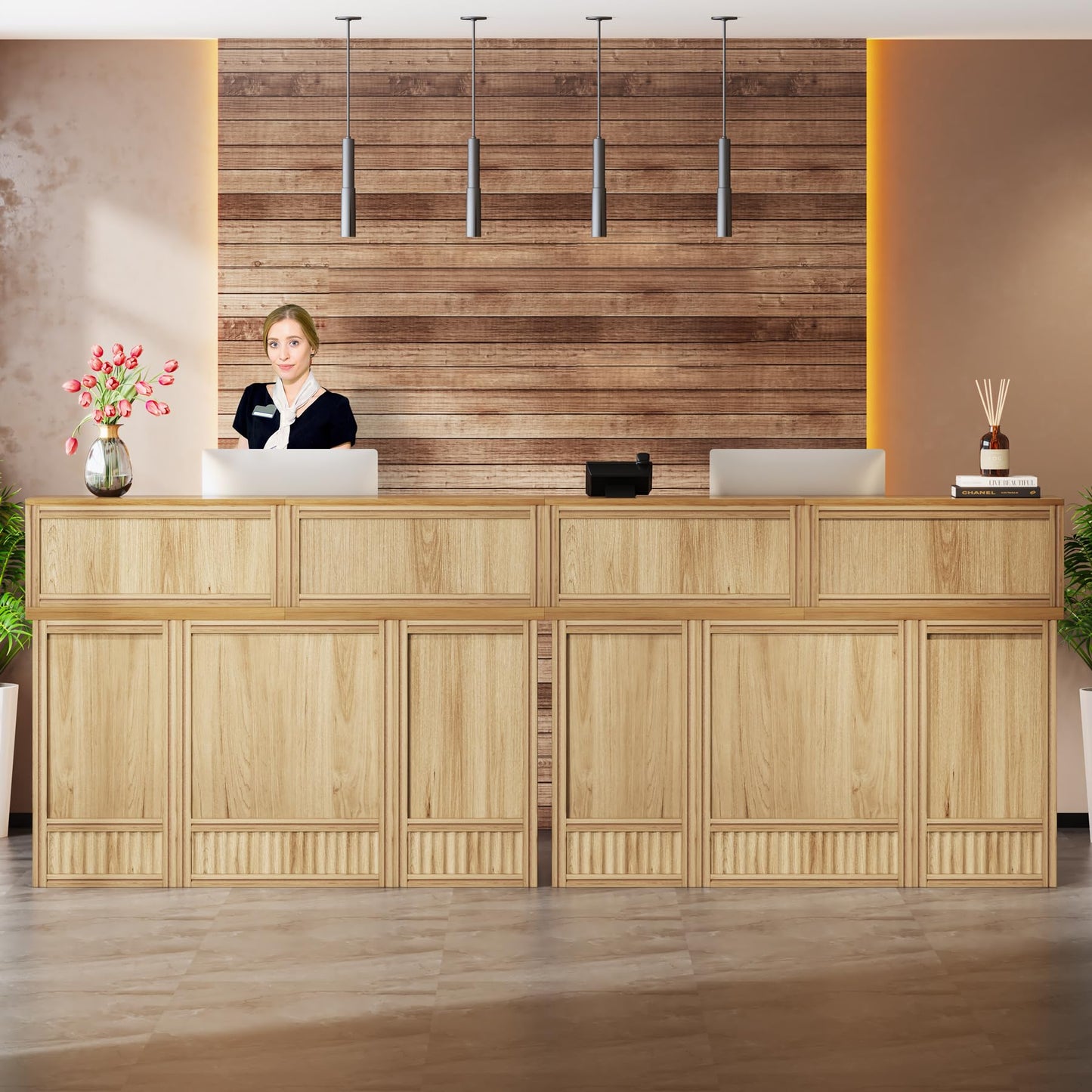 Tribesigns 57-inch Reception Desk with Counter, Front Receptionist Table, Boho Welcome Desk Checkout Counter for Office, Retail, Lobby, Beauty Salon (Oak)
