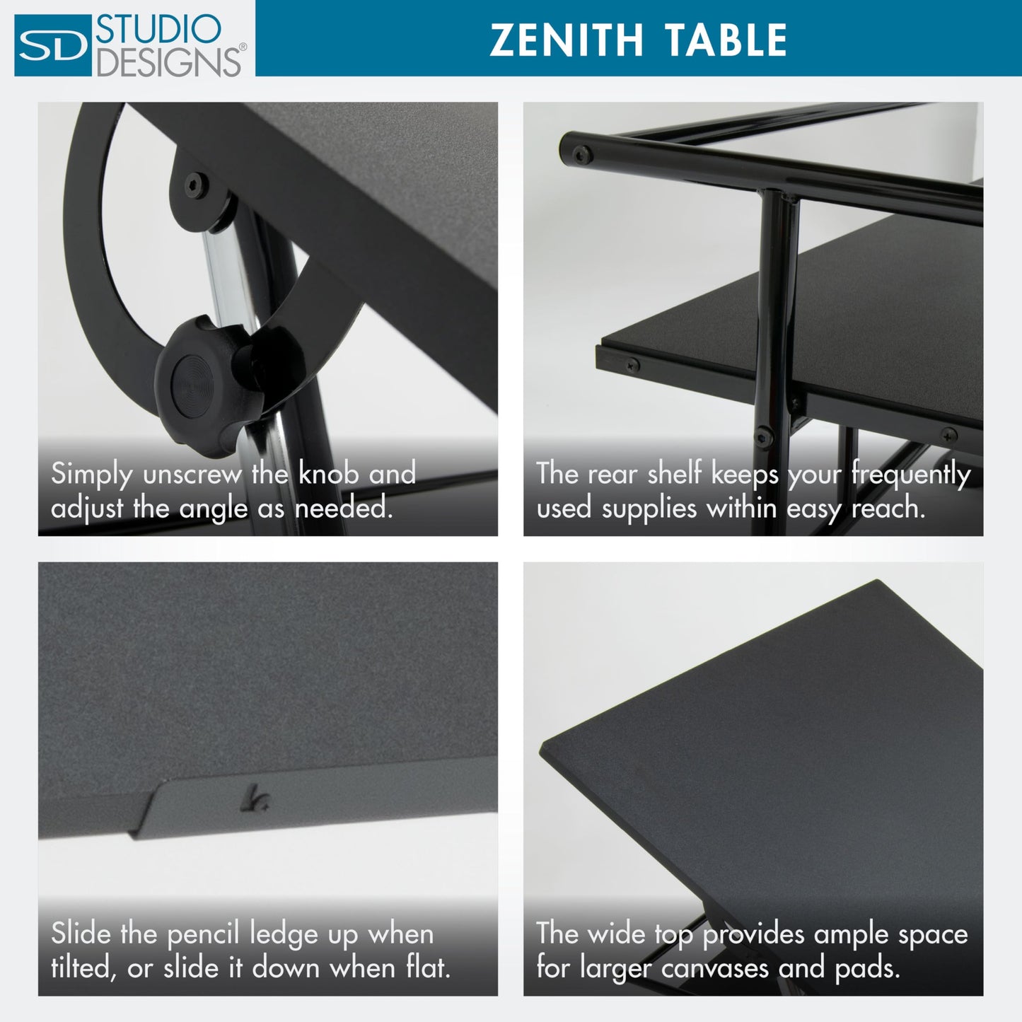 Studio Designs Zenith Height Adjustable Drafting Table with Shelf in Black, 42" W X 30" D