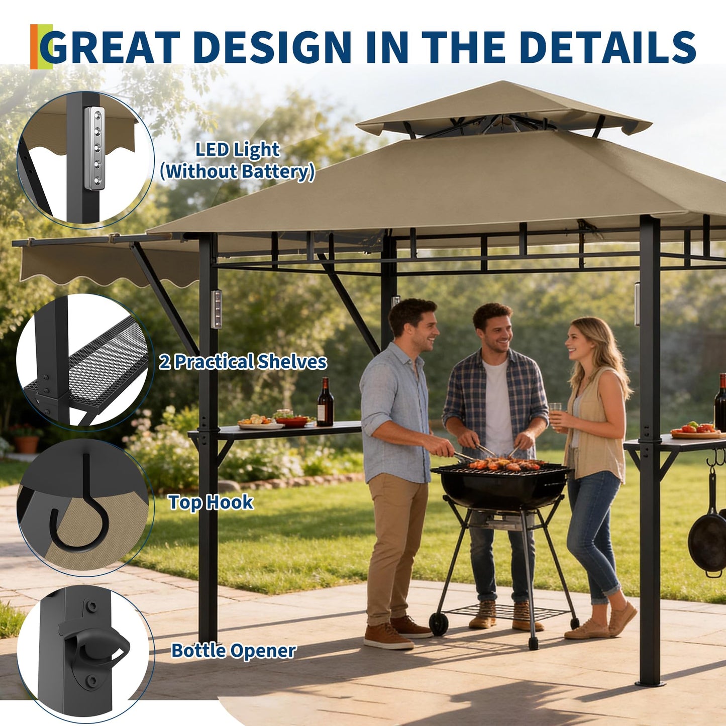 8x5 ft Grill Gazebo, Double Tired Outdoor Patio Canopy Tent with Side Awning Shelves,4 LED Lights,10 Hooks & Bottle Opener,Heavy Duty Steel Frame Grilling Canopy for Patio Backyard Garden Picnic,Khaki