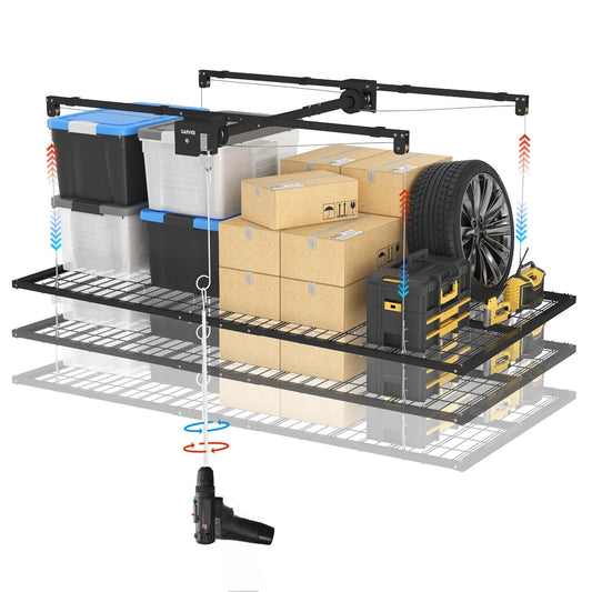 Garvee Overhead Garage Storage Rack Lift, 4x8 ft Ceiling Mounted Storage Racks, 12FT Max Adjustable Height, 800lbs Weight Capacity, Heavy-Duty Metal Ceiling Rack for Organization