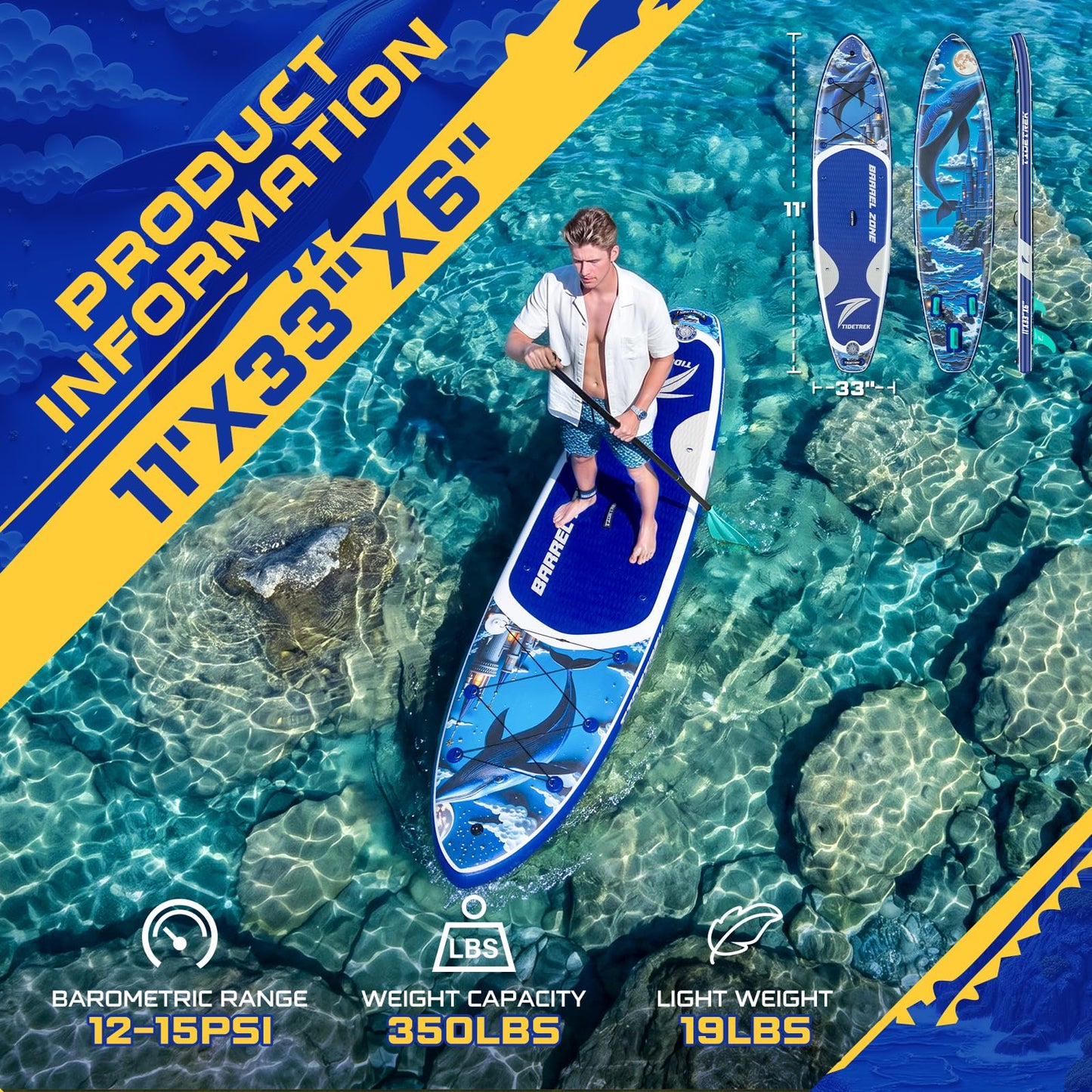 TIDETREK 11'/11'6" x 33"/34" x 6" Inflatable SUP Paddle Board – Extra-Wide, Stable Stand Up Paddle Board with Premium Full Accessory Set for Adults & Youth (Whale Dream/Kayak Seat, 11'x33 x6)