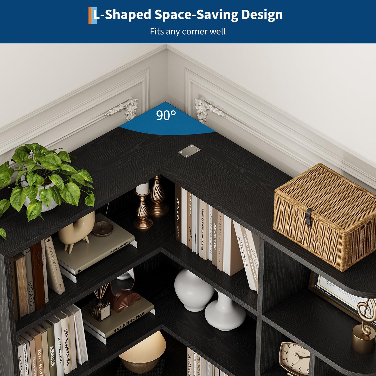 Garvee 74'' Tall Corner Bookshelf - 6-Tier Book Shelf with Drawer and Cabinets, l-Shaped Bookcase Open Storage Shelves Modern Display Shelf for Home, Office