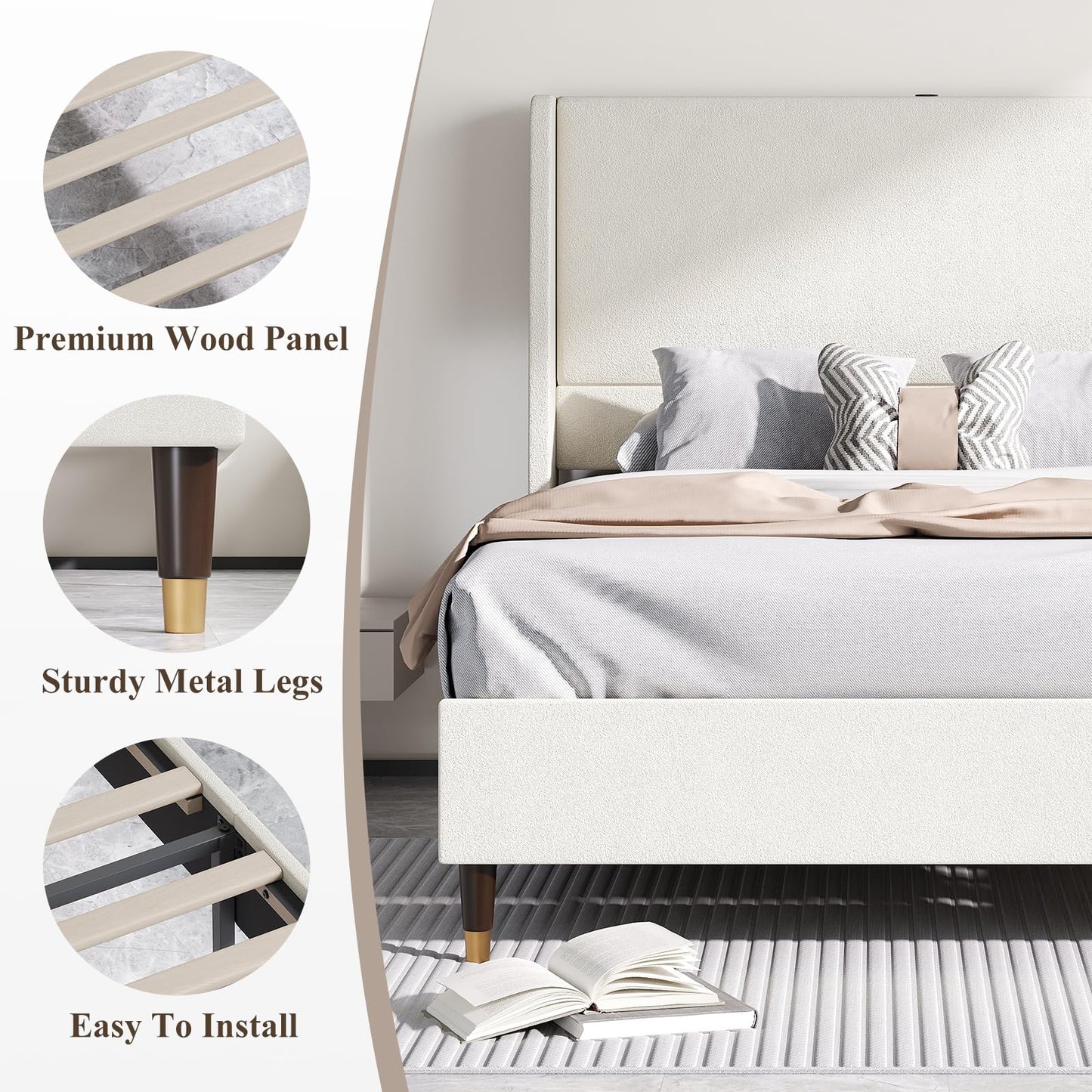 MALOL Full Bed Frame with Upholstered Linen Headboard, Platform Bed with USB Charging Ports, Sturdy Metal Frame, No Box Spring Required, Quiet Noise-Free Modern Bedroom Furniture, Beige