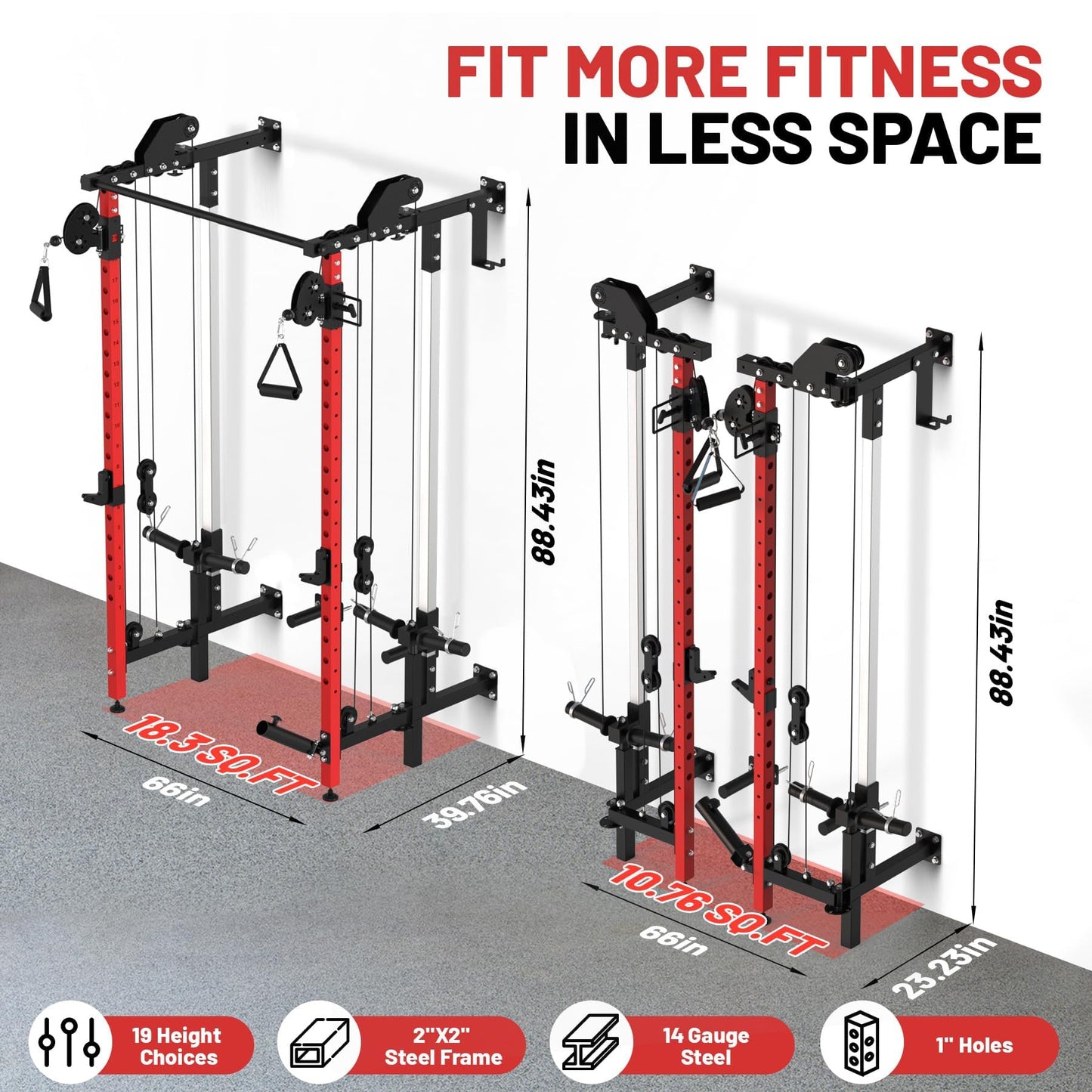 GarveeHome Folding Squat Rack, Wall Mounted Power Rack with Dual Pulley System & Pull Up Bar, Fitness Equipment for Home Gym, Garage, Apartment