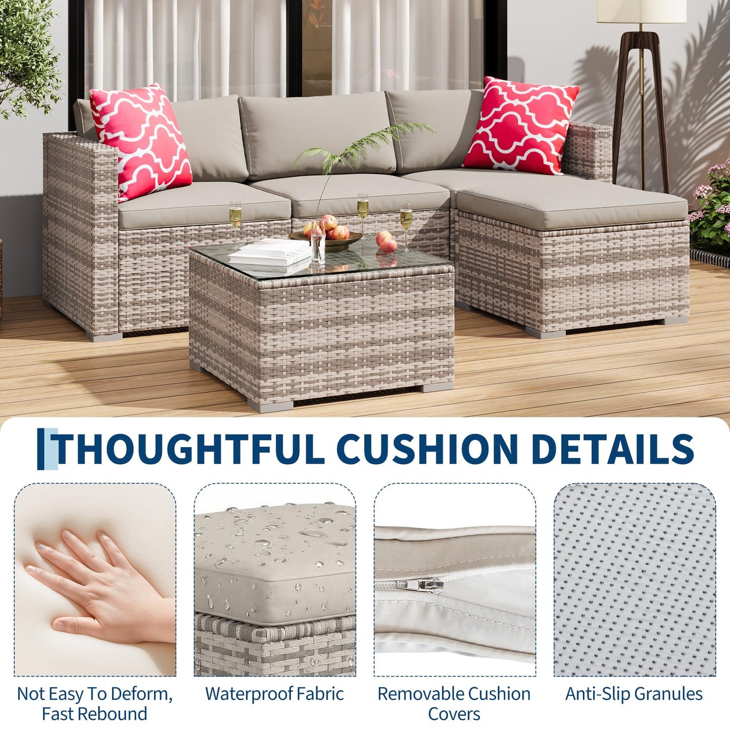 MilleLoom 5 Piece Outdoor Sectional Sofa Set, PE Rattan Patio Furniture Set with Ottoman and Tempered Glass Table, Convertible Wicker Conversation Set for Backyard Porch Poolside, Gray