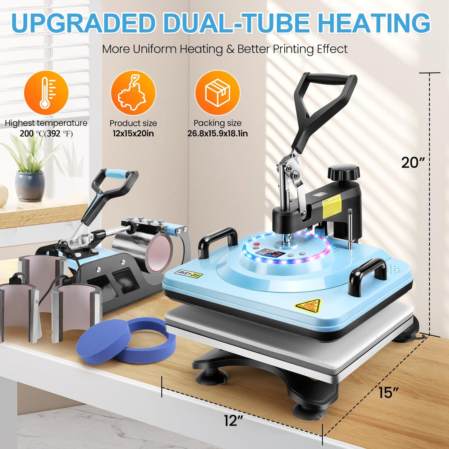 AKEYDIY Upgraded 8 in 1 Heat Press Machine for Tshirts 12X15 Inch, 360° Swing Away Shirt Press Machine for Sublimation, Multifunctional Heat Transfer Machine Combo for Shirts Hat Cap Mug Plate