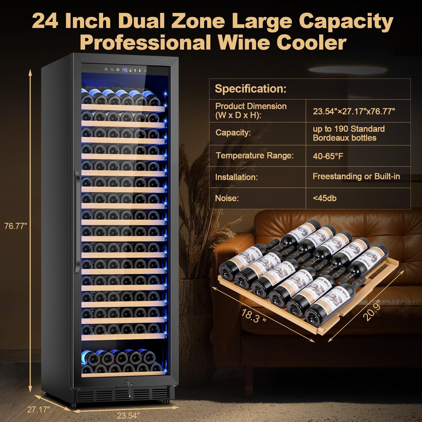 Velieta Upgraded 190 Bottles Wine Cooler Refrigerator,24 Inch Wide Wine Fridge with Professional Temperature Control System,Freestanding or Built-in installation, Quiet Operation,Black