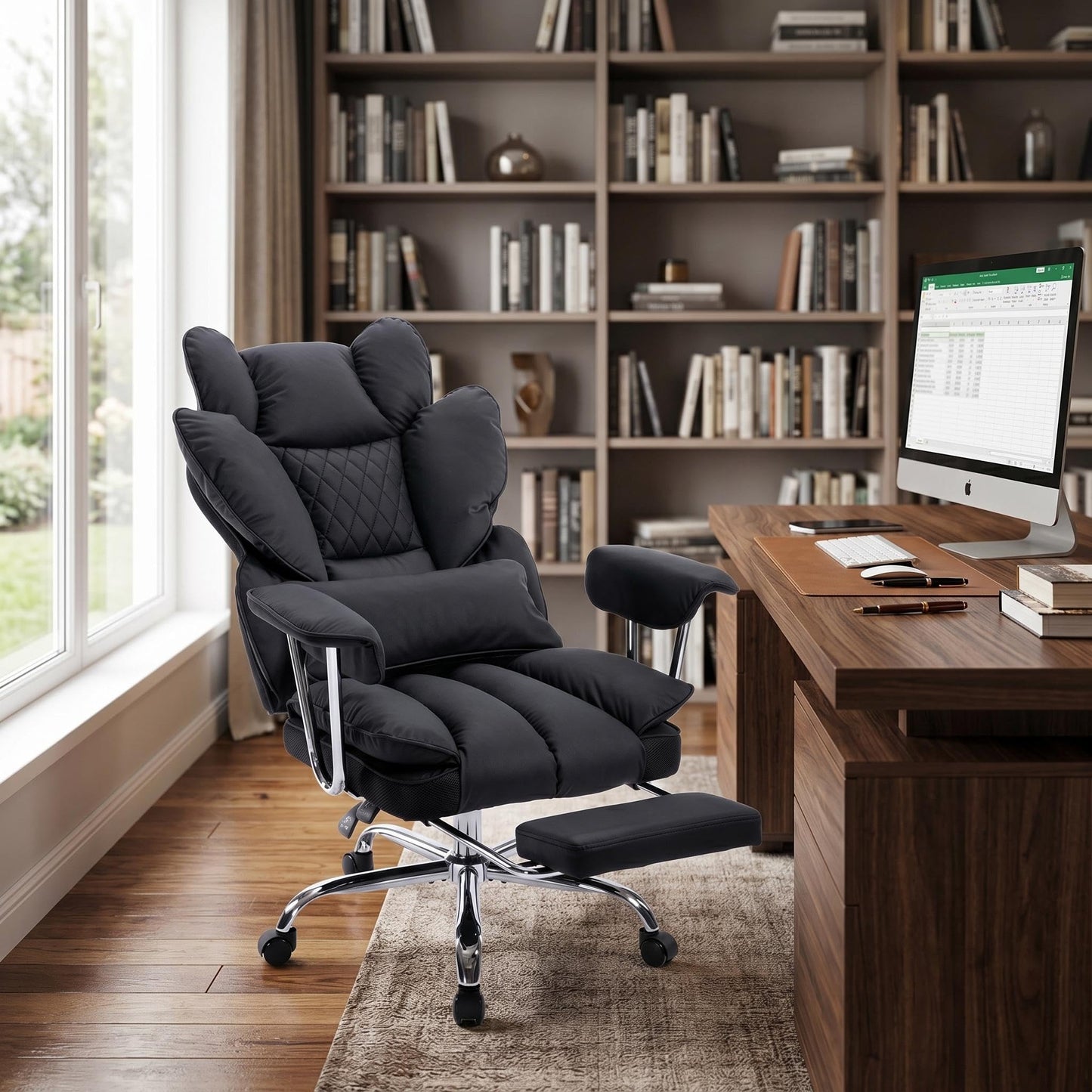 Big and Tall Office Chair with Pocket Spring Cushion, High Back Ergonomic Desk Chair for Home Office, Thick Padded Seat, Adjustable Armrests & Lumbar Support, with Footrest, PU Leather, Black