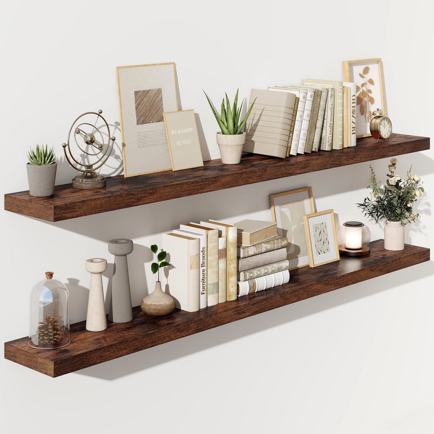 Fun Memories 72 Inch Floating Shelves for Wall, Fireplace Mantel Shelf with Invisible Heavy Duty Bracket, 8 Inch Deep Storage Shelf for Living Room, Kitchen, Farmhouse, Brown (2-Pack)