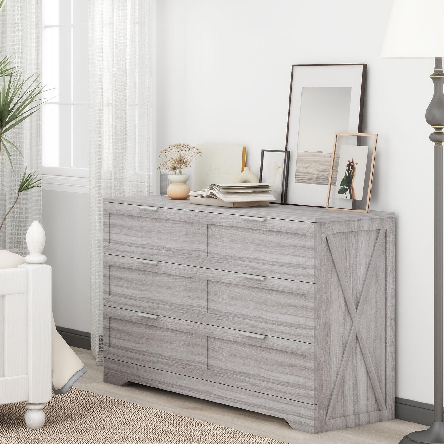 FTZxHKLX Modern 6-Drawer Dresser for Bedroom, Dresser Chest of Drawer with Large Drawers & Silver Handles, Wooden Dressers Drawers Storage Unit for Bedroom, Living Room, Closet (Wash Grey)