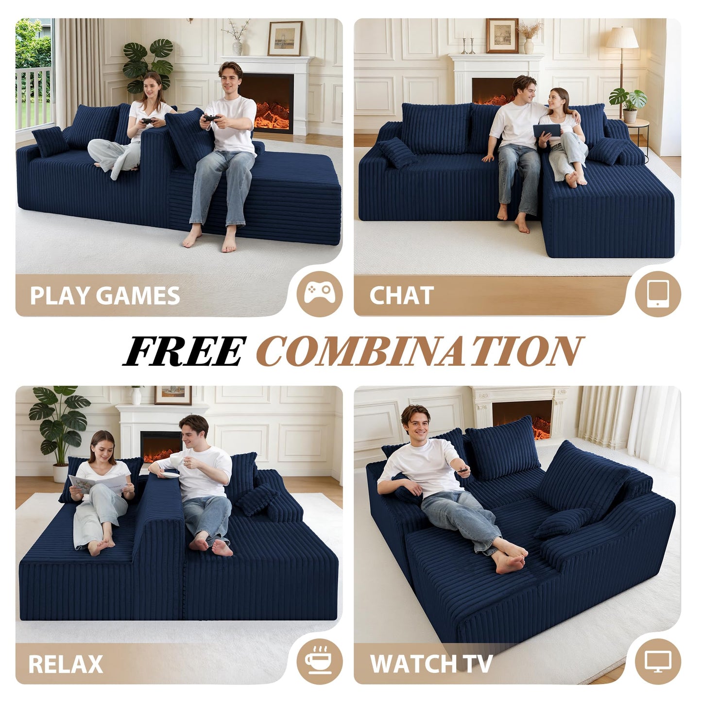 HABUTWAY 94" L-Shape Modular Sectional Sofa Couch for Living Room, No Assembly Required, Boneless Couch with Deep Seat for Living Room Bedroom, No Assembly Required (Bule,Right)