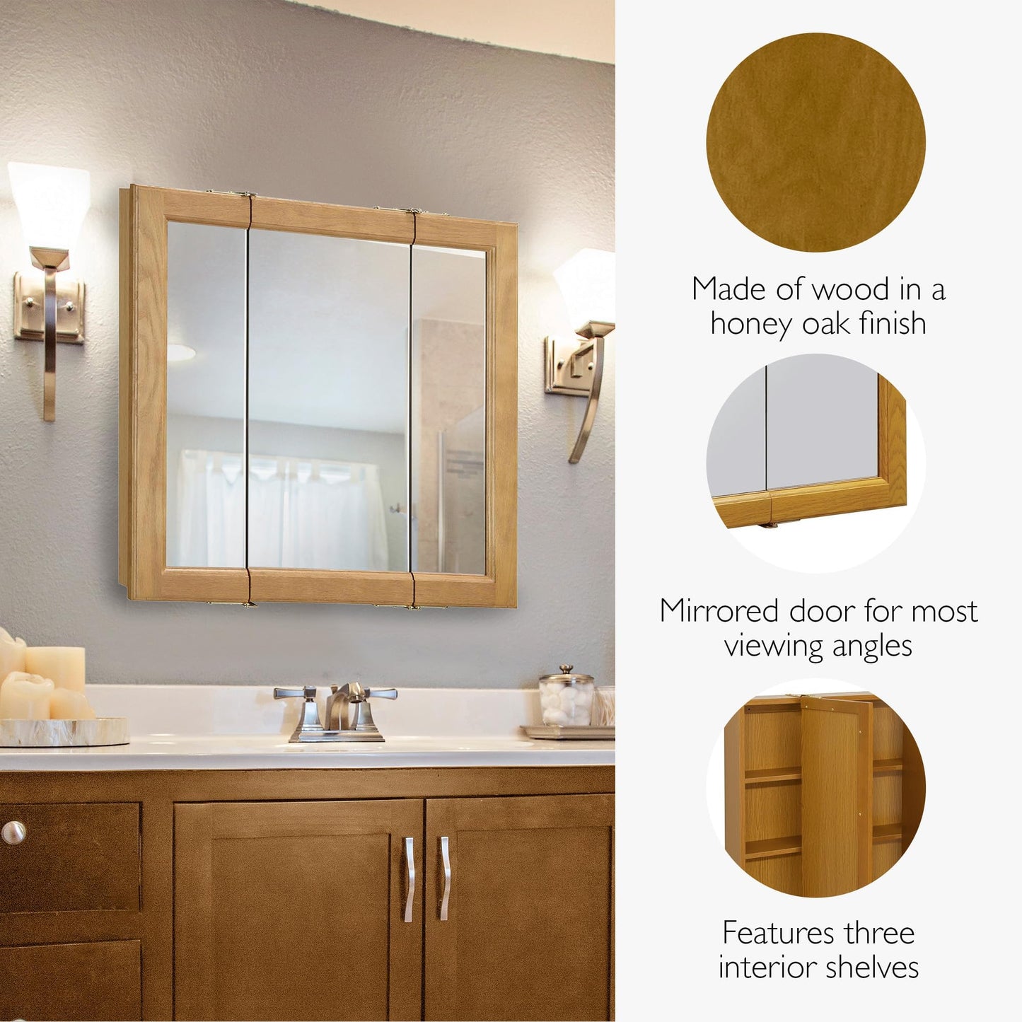 Pemberly Row Modern Wood Medicine Cabinet, Honey Oak Finish, 30-Inch Tri-View Mirror, Water-Resistant Design, 3 Doors and 2 Shelves, Decorative Bathroom Storage and Organization