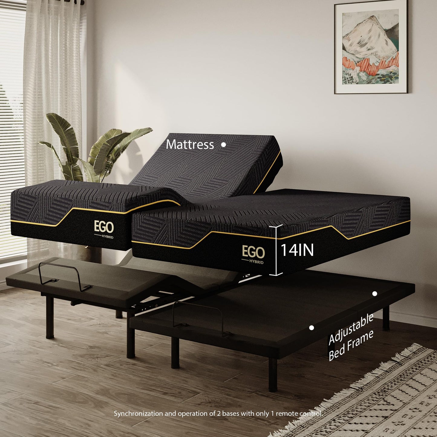 MLILY EGOHOME Split King Adjustable Bed Frame and 14 inch Memory Foam Mattress, Wireless Remote Adjustable Bed Base with 12" Adjustable Legs and Head and Foot Incline, Zero Gravity, Easy Assembly
