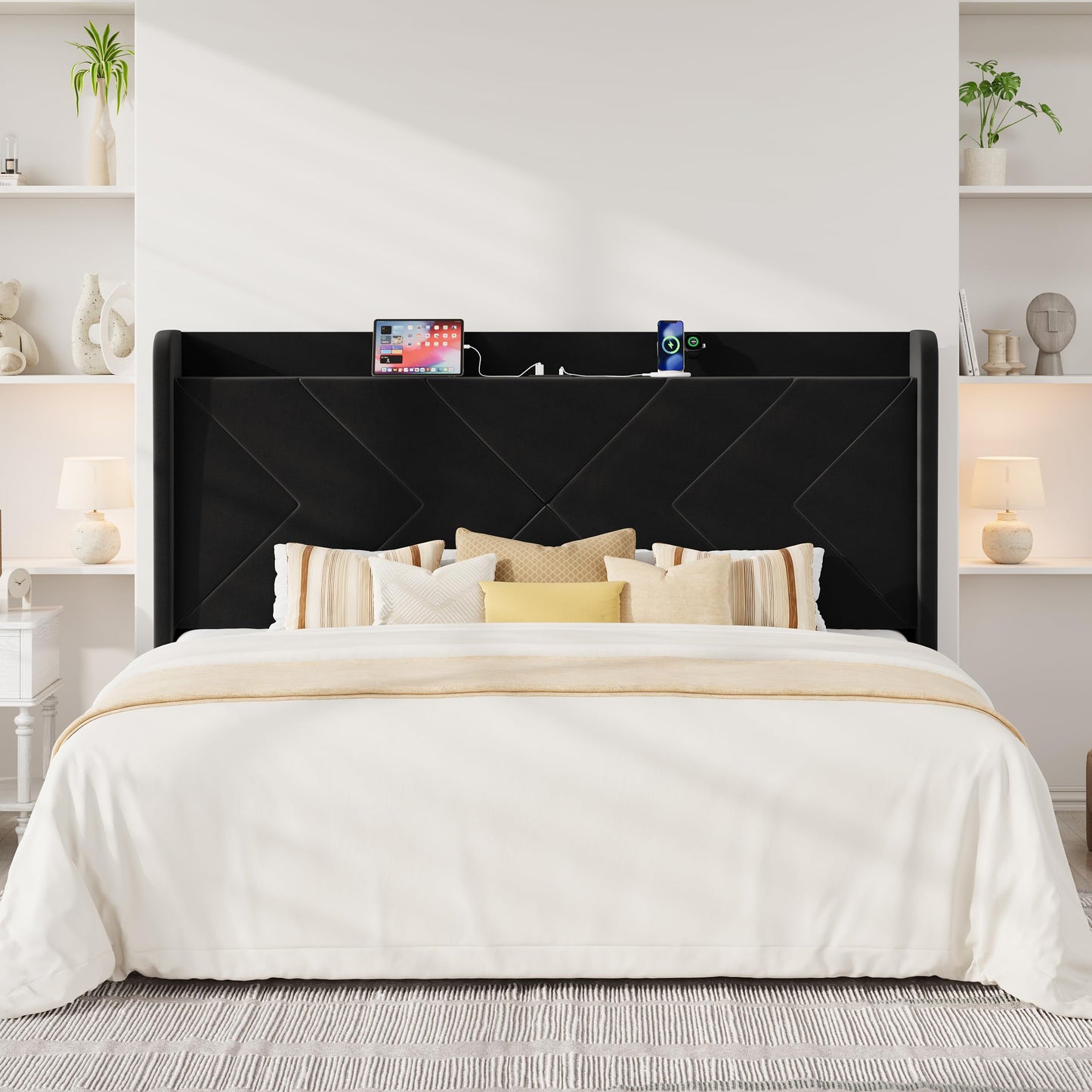 Allewie King Size Platform Bed Frame with Charging Station and Storage Shelf/Upholstered Velvet Wingback Headboard/Wooden Slats Support/No Box Spring Needed/Easy Assembly, Black