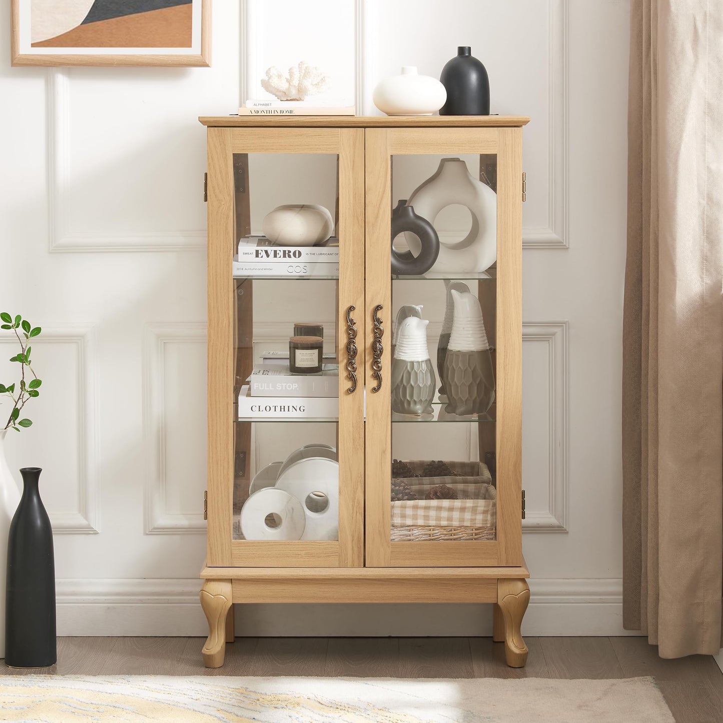 KEIKI 44" Glass Display Cabinet with Mirrored Back Panel & Adjustable Shelves, for Collectibles, Storage Curio Cabinet with 2 Door, 3-Tier Showcase Display Case, Easy Assembly, for Living Room, Oak
