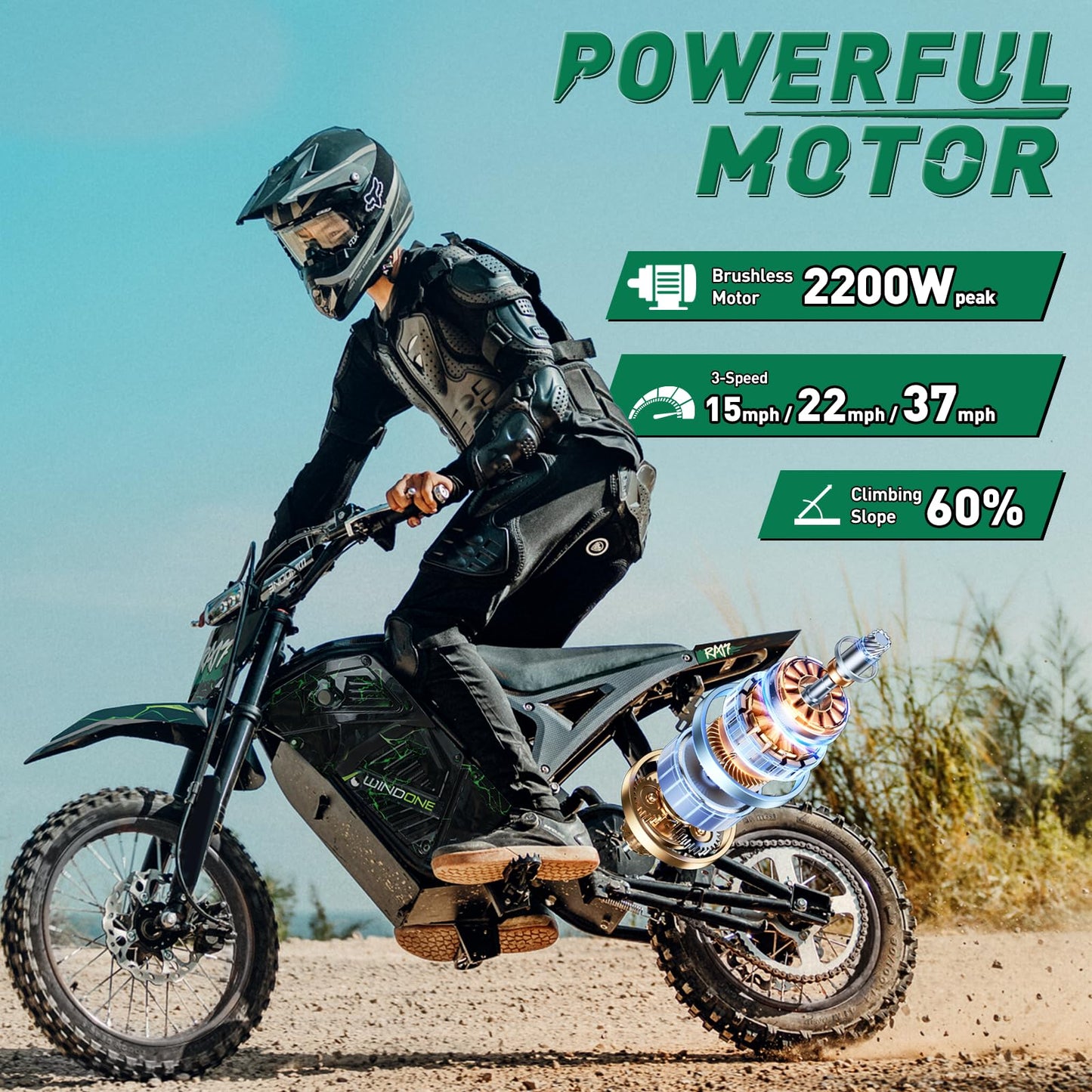 Windone RM7 Electric Dirt Bike, 48V 22.5Ah, 37MPH & 45-Mile Electric Motorcycle, 2200W Ebike, 14"/12" Off-Road Tire E-Bike, Dual Hydraulic Brakes, Full Suspension, Fit Age 13+, Green Lightning