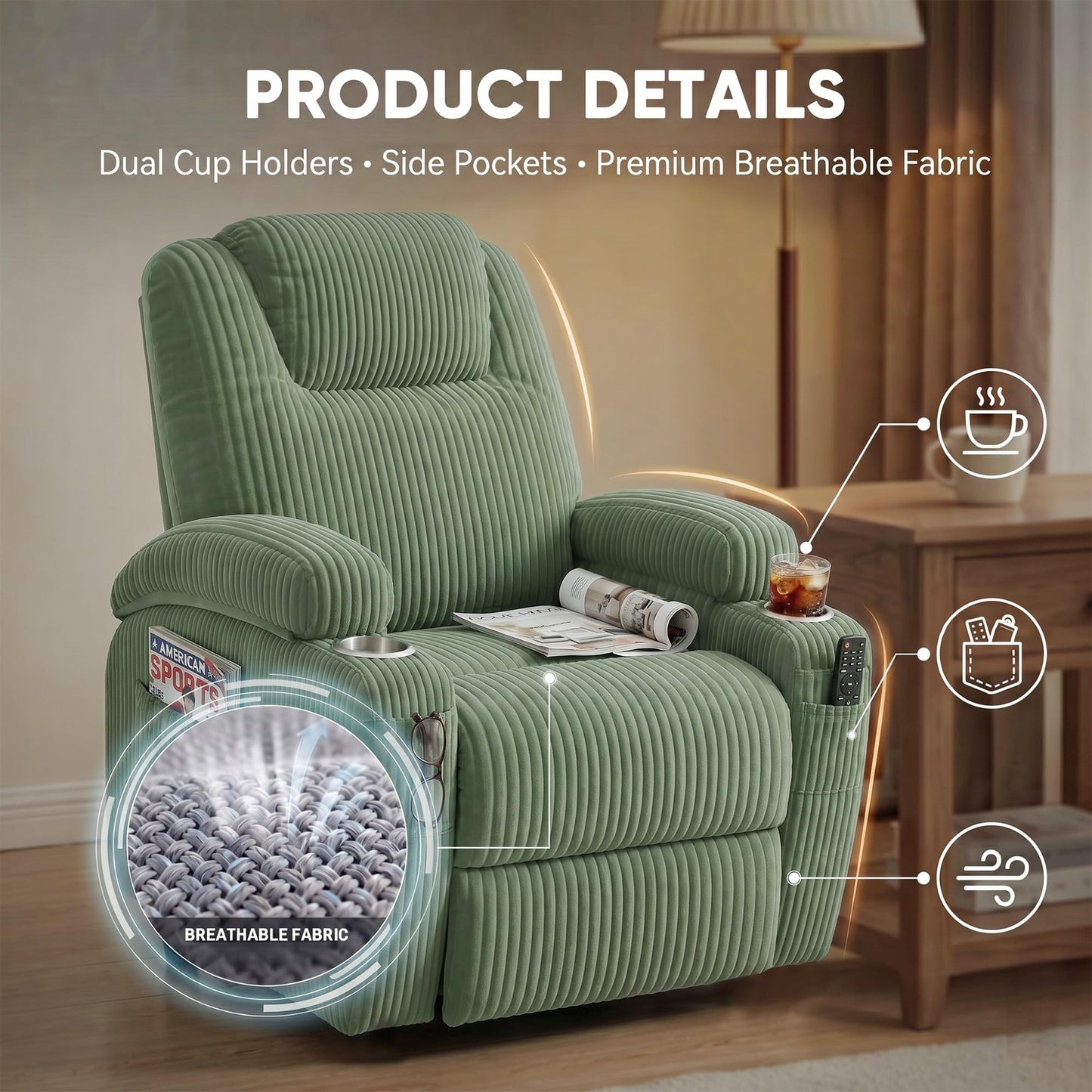 Flamaker Power Lift Chair Massage Recliner Chairs for Elderly, Corduroy Ergonomic Design with Cup Holders & Side Pockets, Remote Control (Green)
