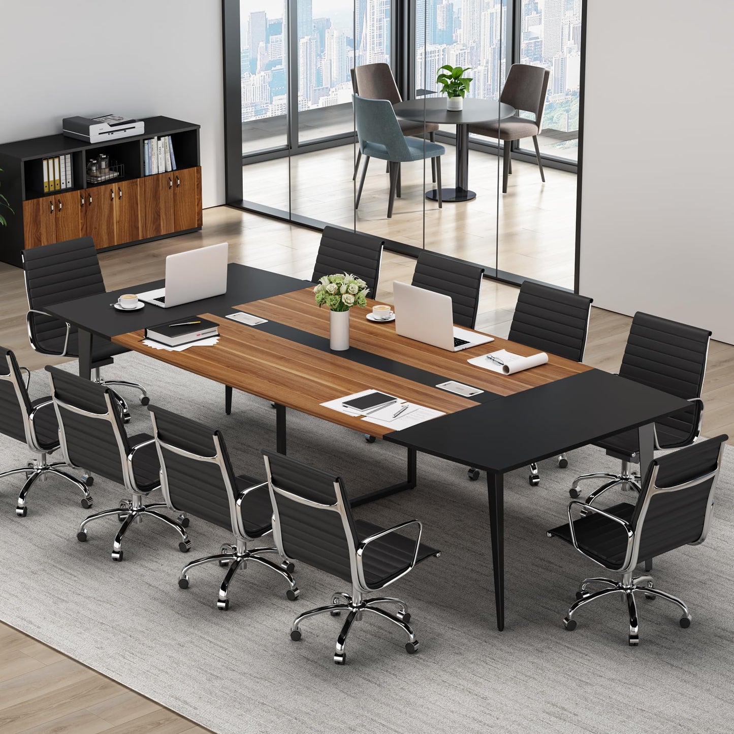 Tribesigns 8FT Conference Table, 94.48L x 47.24W x 29.52H Inches Boat Shaped Meeting Table with Rectangle Grommet, Modern Seminar Boardroom Table for Office Conference Room (8ft, Walnut & Black)