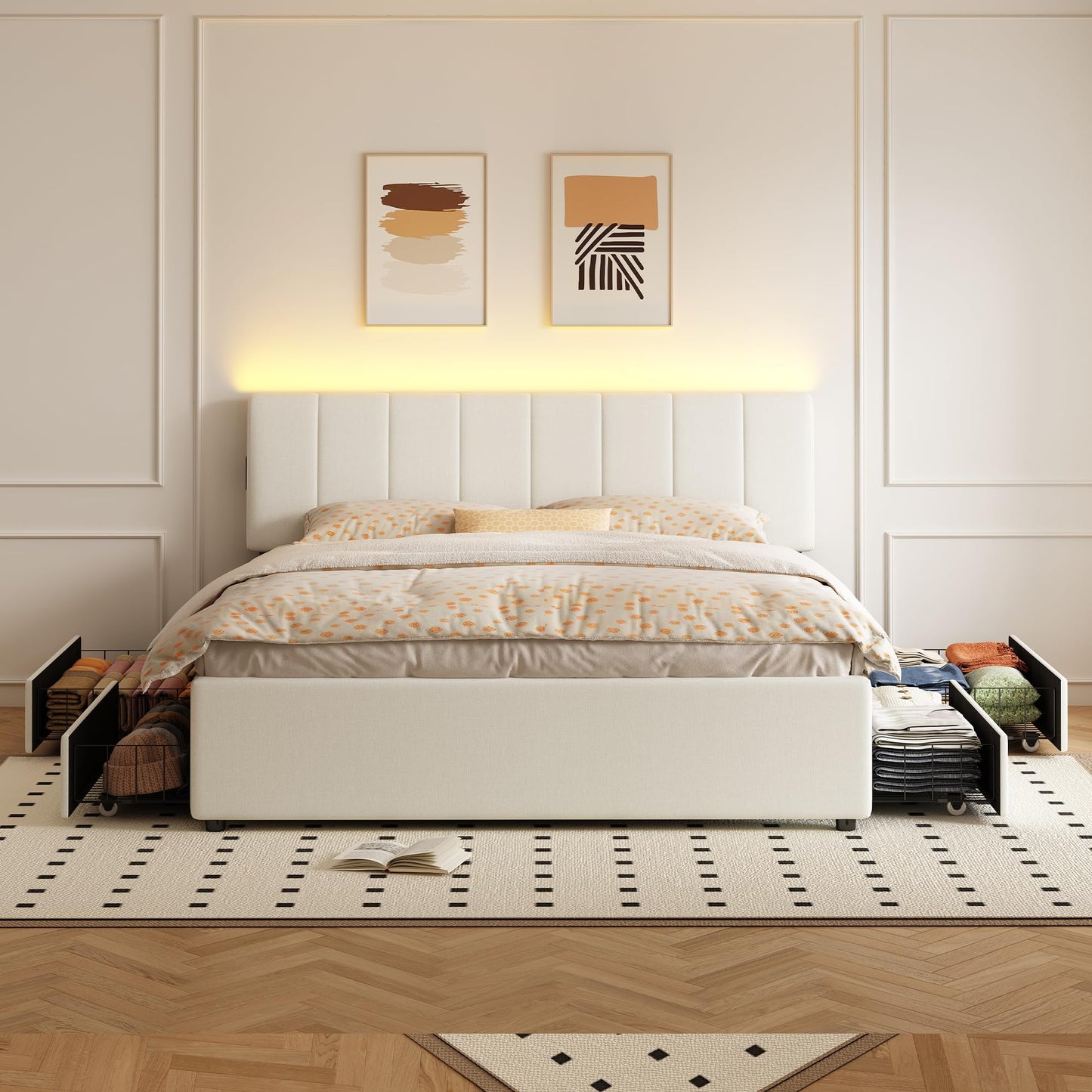 FAVSH King Size Upholstered Platform Bed with 4 Storage Drawers
