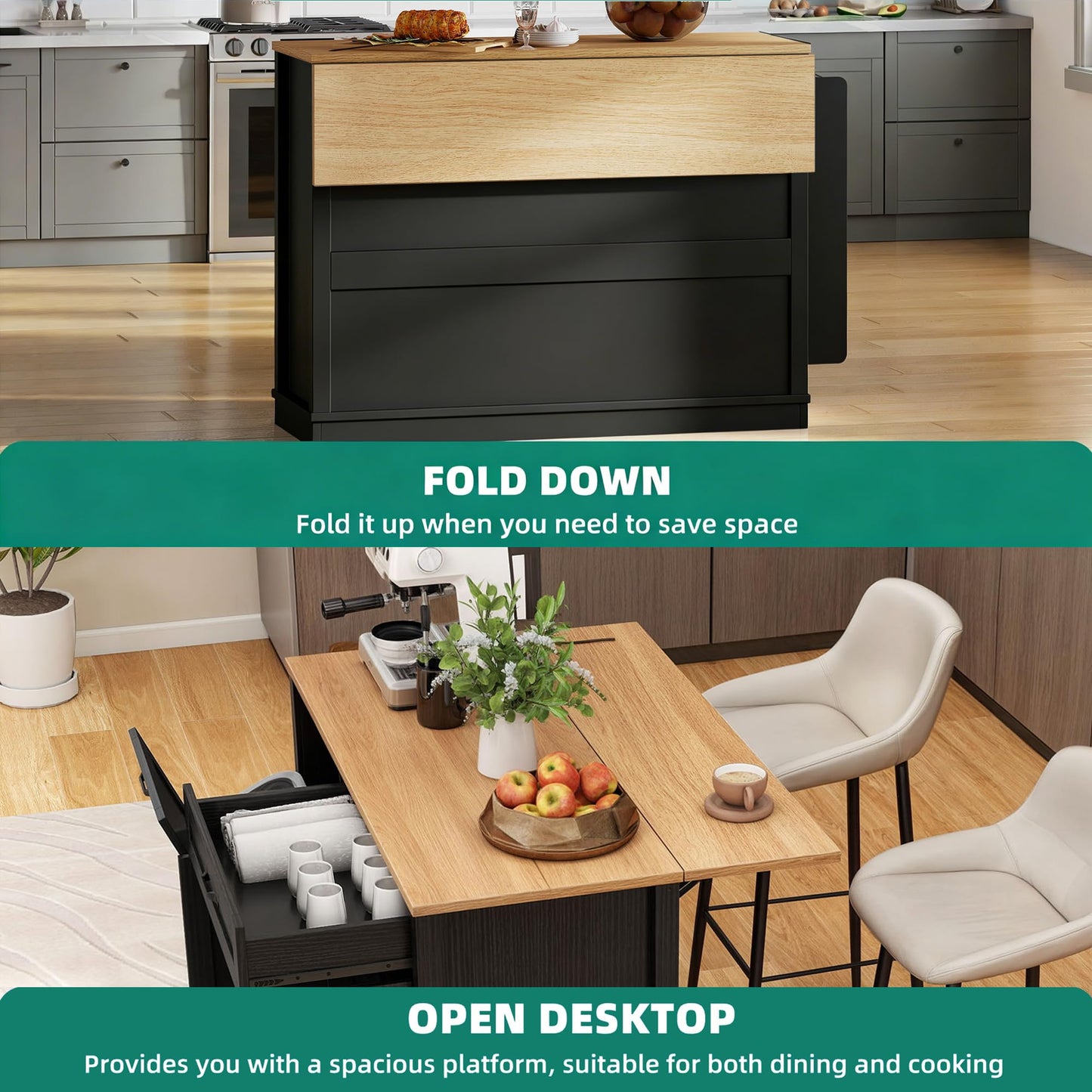 YITAHOME 50 Inch Rolling Kitchen Island with Trash Can Storage, Portable Mobile Islands Table with Drop Leaf, Floating Kitchen Butcher Block Cart on Wheels, Fits 13 Gallon Garbage Bin, Black