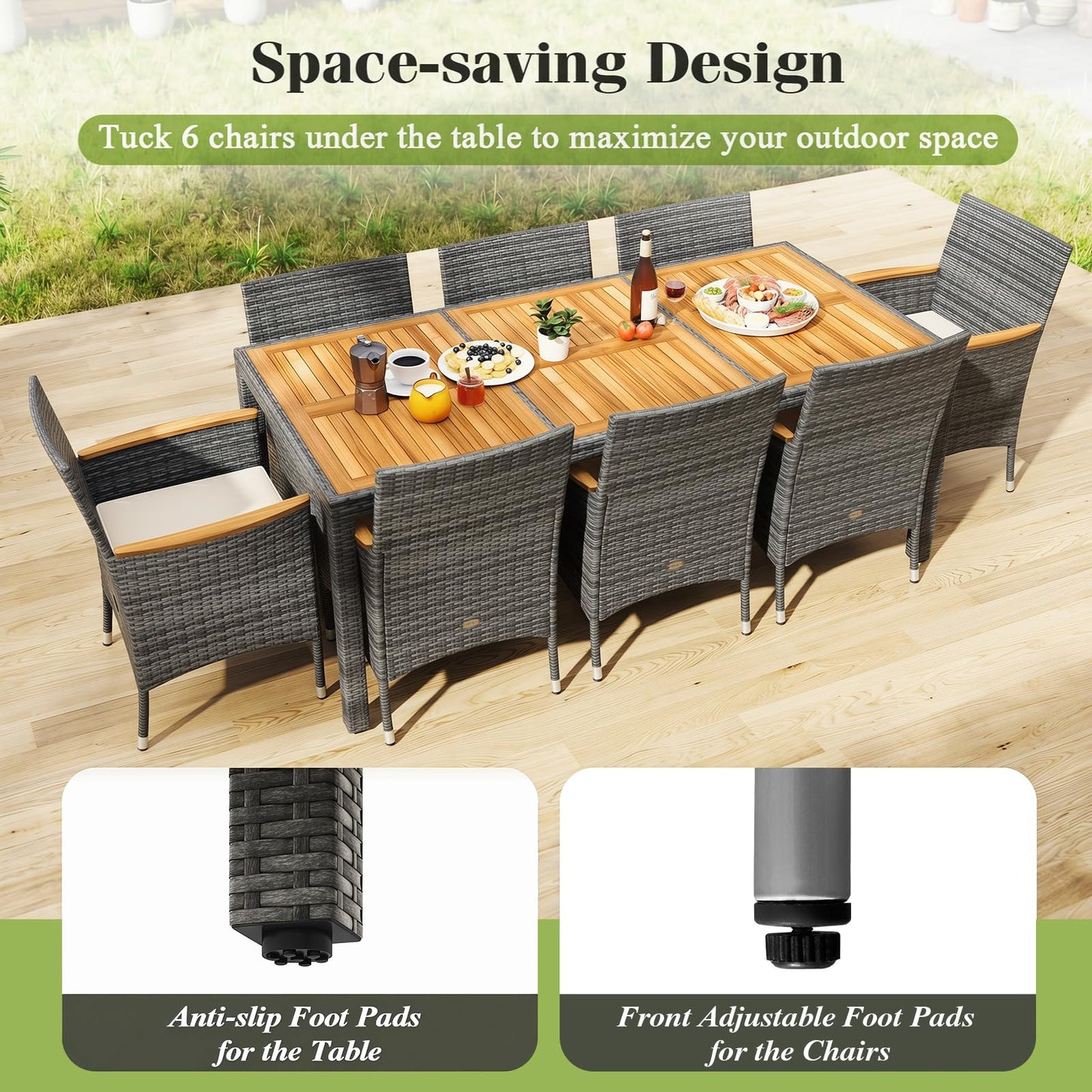 Tangkula 9 Pieces Outdoor Wicker Dining Set, Patio Dining Furniture Set with Acacia Wood Table and 8 Armchairs, Outdoor Table and Chairs Set with 1.96” Umbrella Hole and Cushions
