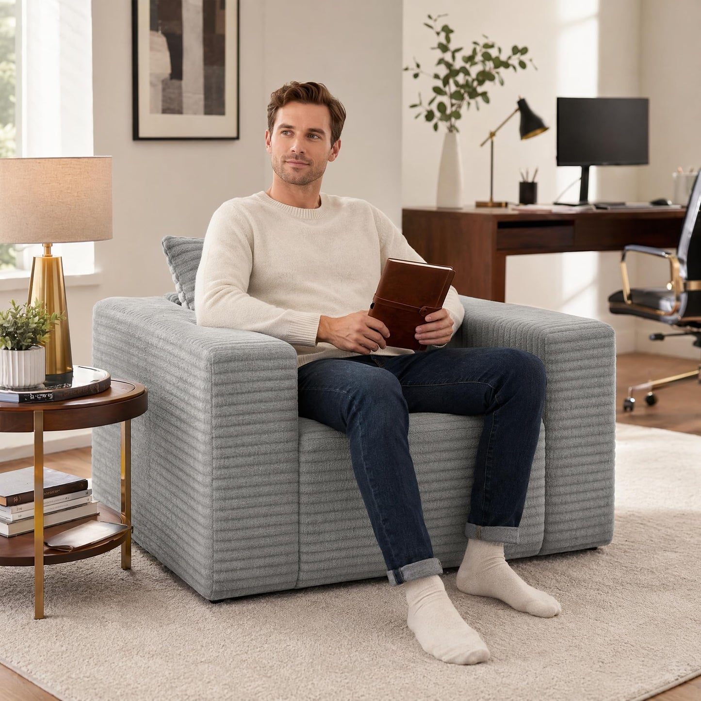 Trygoal Boneless Single Sofa Chair for Adult, Corduroy Cloud Lounge Chair with 2 Pillows & Wide Armrests, High-Density Foam Reading Couches for Living Room & Office, No Assembly Required, Light Gray