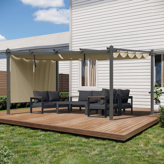 BPS 12x16 FT Outdoor Pergola - Retractable Shade Canopy with Aluminum Frame & Roller Shade Curtains for Patio, Backyard, or Deck, Khaki