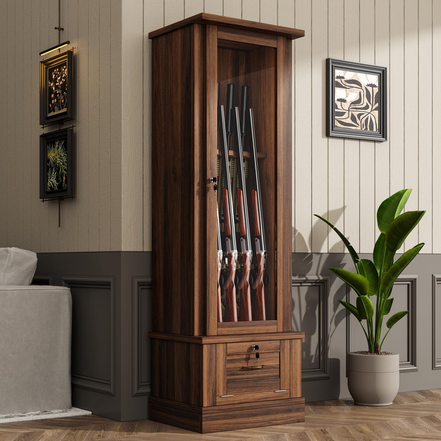 kepptory Gun Safe for 10 Long Rifles and Pistols, Gun Cabinet for Rifle with Mechanical Lock, Espresso Wood Gun Cabinet for Bedroom, Living Room, Easy Assembly