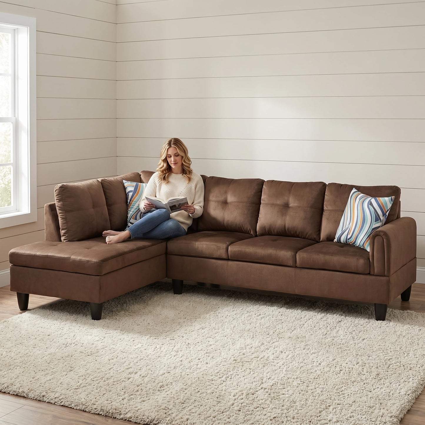 Trygoal L-Shaped Sectional Sofa, Modern 4-Seat Couch with Left Facing Chaise, Sectional Couch for Living Room, Apartment, Office, Chocolate
