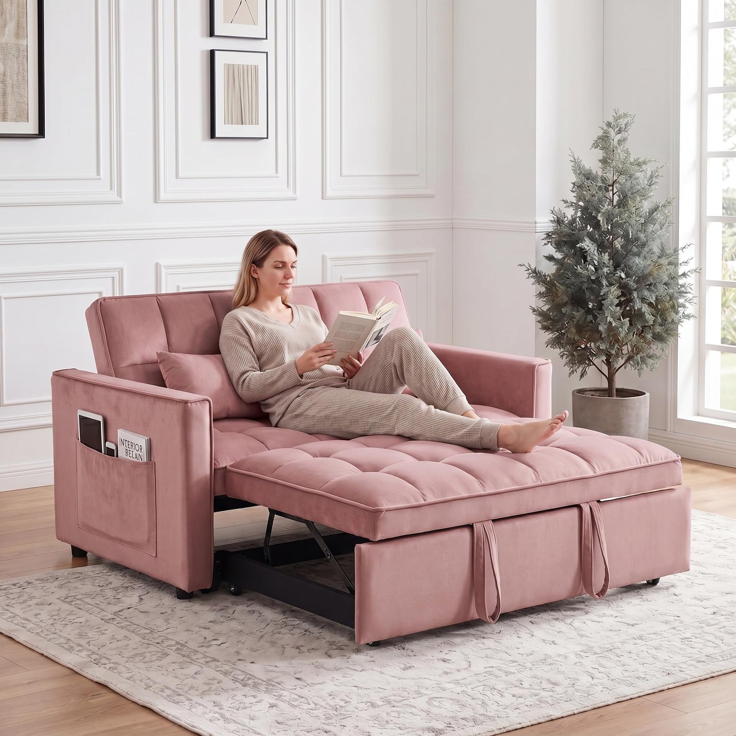 NicBex Sleeper Sofa Bed, Pull Out Couch Bed with Adjustable Backrest, Velvet Fabric Sleeper Sofa with Side Pocket, Convertible Loveseat Sleeper Sofa for Small Space, Living Room, Bedroom, Pink