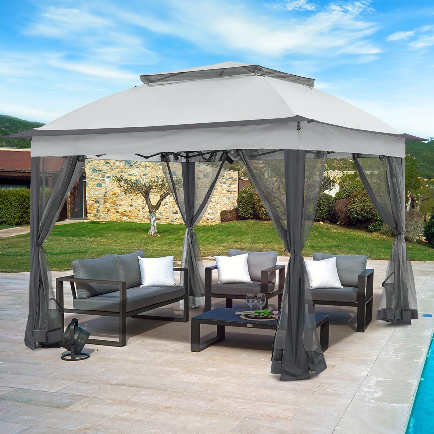 INTER HUT 11x11 Pop Up Gazebo Tent with Mesh Netting, Instant Outdoor Canopy with UPF 50+ UV Protection, Water Resistant, Gray