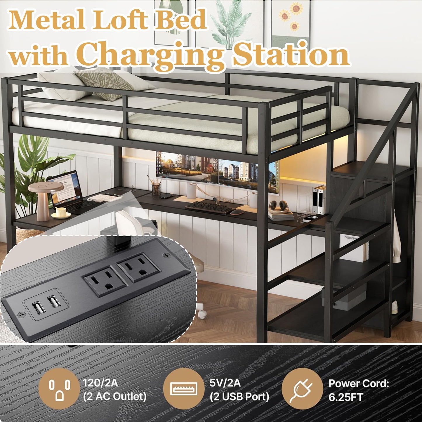 Bellemave Full Size Metal Loft Bed with L Shaped Desk and Wardrobe, Heavy Duty Loft Bed Frame with Storage Stairs, LED Loft Bed Frame with Charging Station & Safety Guardrails, Black