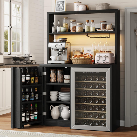 Jocoevol Coffee Bar Cabinet with Fridge Space, Mini Fridge Cabinet with Power Outlets and Glass Holder, Farmhouse Design Mini Fridge Stand with Storage for Living Room, Kitchen, Entryway, Black