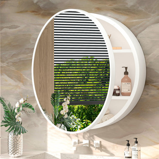 TokeShimi 24 Inch Round Bathroom Medicine Cabinet with Mirror Surface Mount Only Circular White Framed Farmhouse Medicine Cabinets for Wall Small Circle Mirrored Bath Cabinet with Vanity Mirror