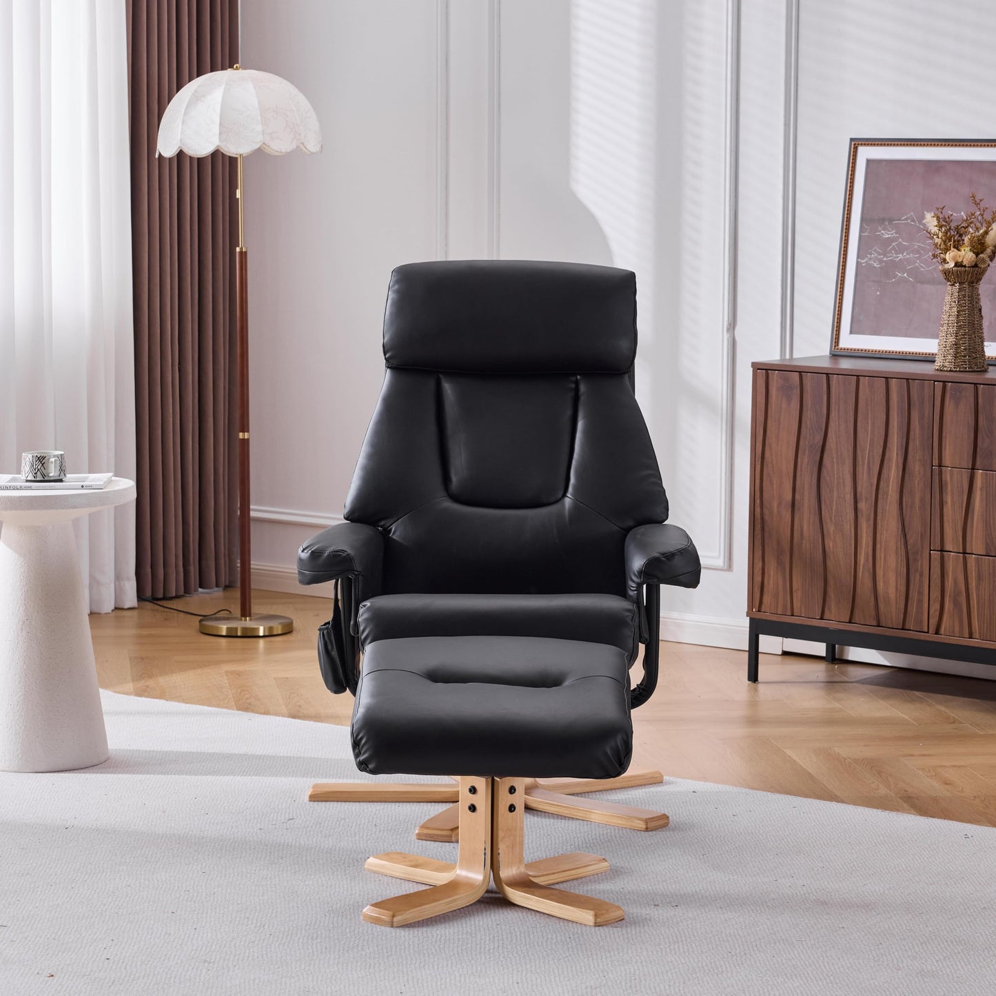 KEIKI 360 Degree Swivel Accent Chair, PU Leather Heated Massage Chair with Ottoman， Ergonomic Seat for Living Room, Lounge, Office, Black