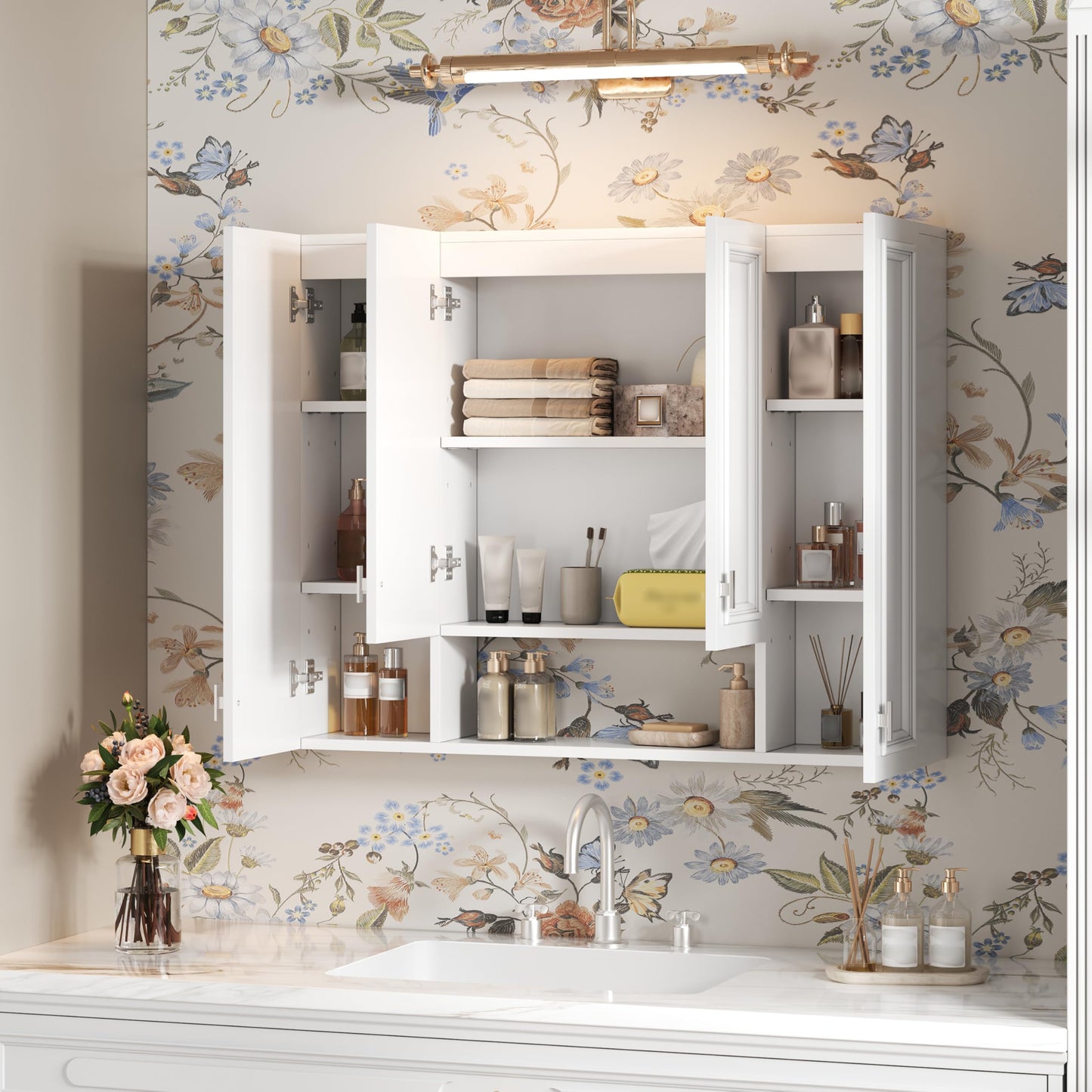 Virubi 36 Inch Bathroom Medicine Cabinet with Doors, Wall Mounted Storage Organizer with Open Shelf, Over The Toilet Wall Cabinet with Smooth Painted Finish, Metal Handle