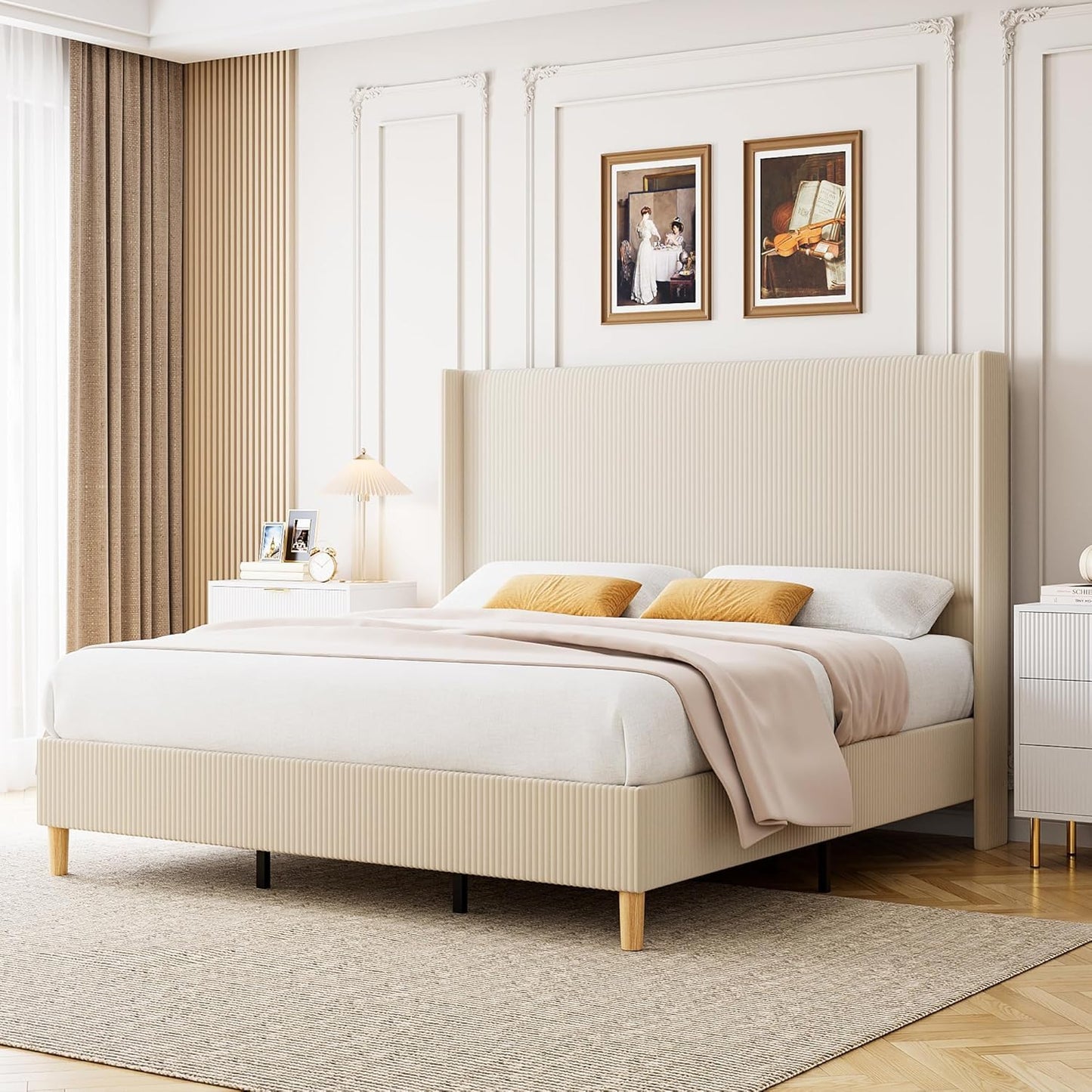 GarveeHome King Size Bed Frame, Upholstered Platform Velvet King Bed Frame with Vertical Channel Tufted Wingback Headboard, Strong Wooden Slats, No Box Spring Needed, Easy Assembly, Beige